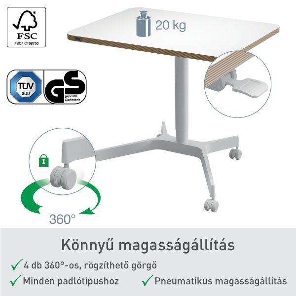 Fehér asztal fa szegéllyel, 20 kg teherbírással, négy kerékkel és lábpedállal a magasságállításhoz.