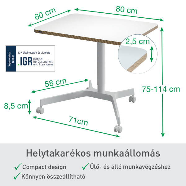 Egy fehér asztal látható méretekkel. Világos színű fa szegéllyel, fehér görgős alappal és állítható magassággal rendelkezik.