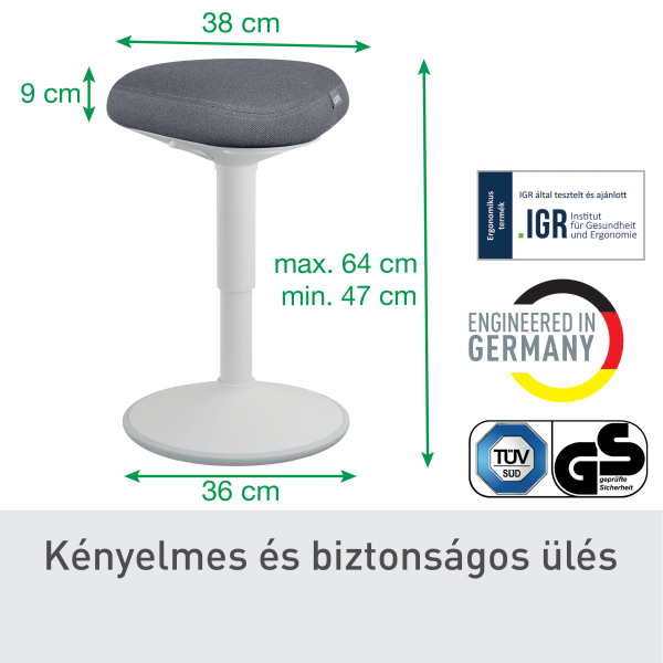 Fehér ergonomikus széklet szürke üléssel. Méretek láthatók. Szöveg: Kényelmes és biztonságos ülés.