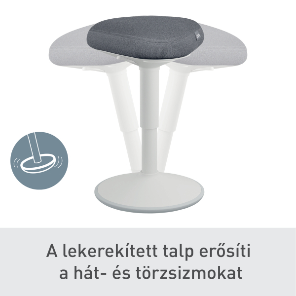Fehér szék szürke üléssel. A szék kerek talppal és egy központi tartóval rendelkezik. A kép a szék mozgását mutatja.