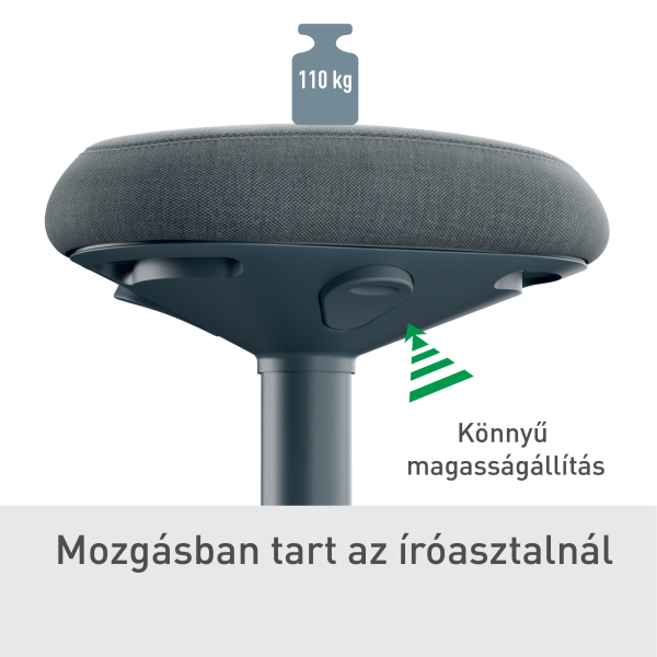 Egy irodai szék látható. Szürke ülőfelülete, sötétkék alapja van, magasságállítással, 110 kg-ig terhelhető.