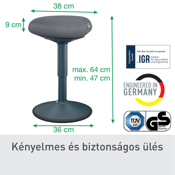 Állítható magasságú szék szürke üléssel. Méretek megadva. Logók és szöveg az ergonómikus kialakításra és a biztonságra utalnak.