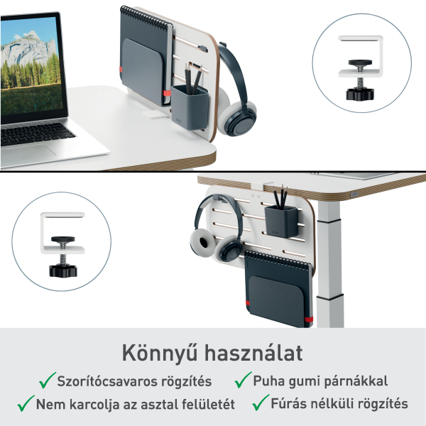 Egy fehér íróasztal laptop, fejhallgató és asztali rendszerezővel. Egy fehér szorító látható a jobb felső és bal alsó részen. A képen szöveg látható.