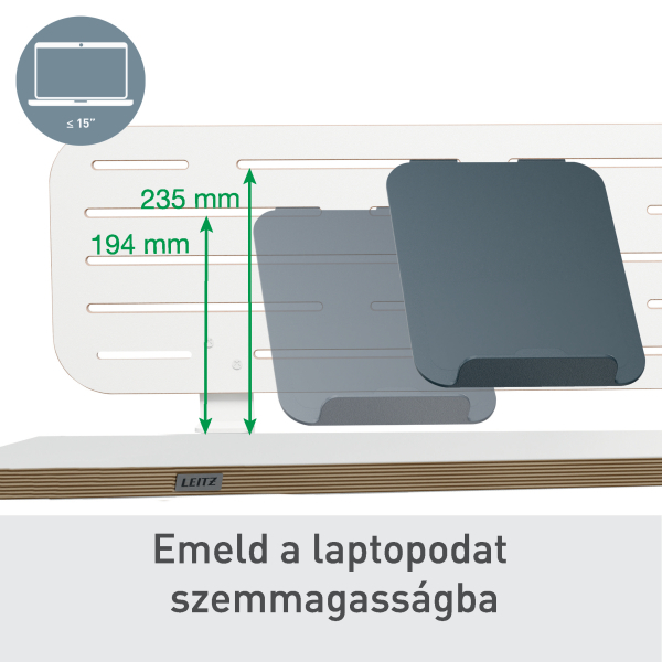 Állítható magasságú laptop állvány. 194mm és 235mm-es méreteket mutat. Tartalmaz egy laptop ikont és a Leitz logót.