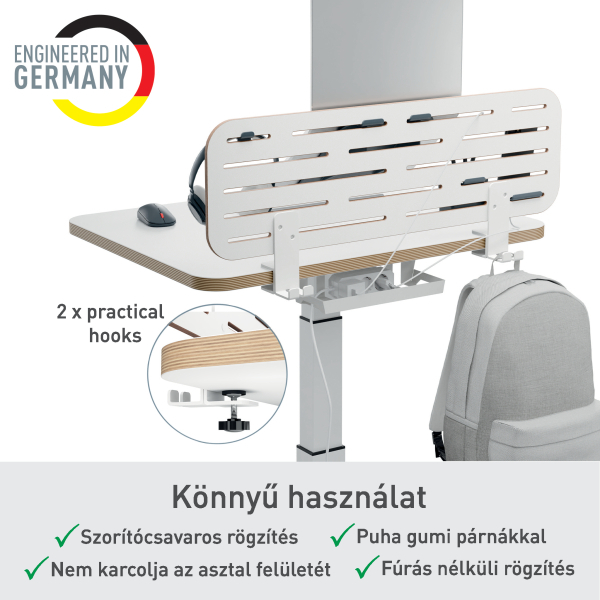 Fehér asztal fa szegéllyel, hátizsákkal és egérrel. Szöveg: Németországban tervezett. Kampók, könnyű használat, fúrás nélkül.
