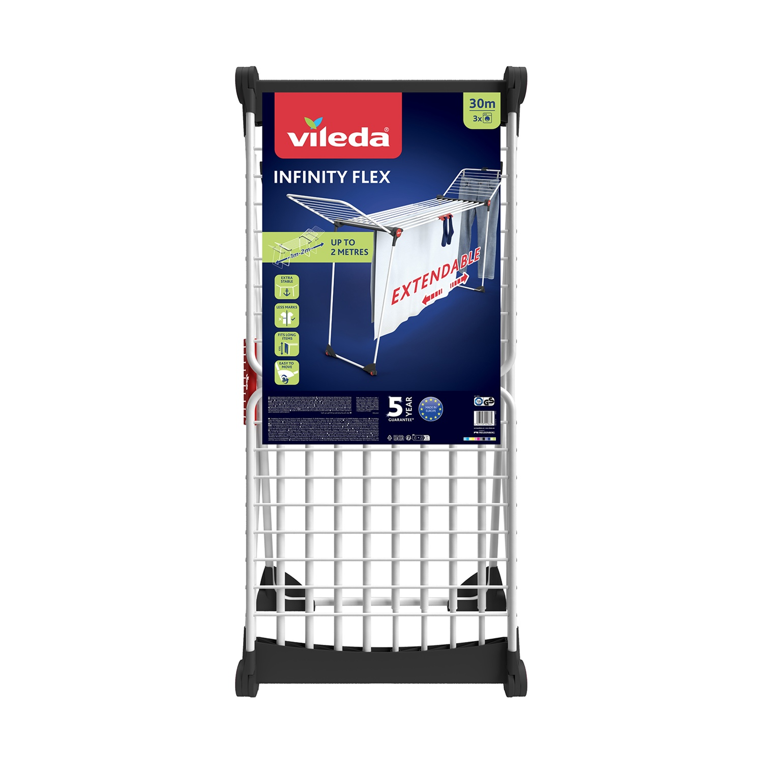 Uno stendibiancheria estensibile bianco e nero Vileda Infinity Flex. Ha un design a griglia per appendere i vestiti e testo promozionale.