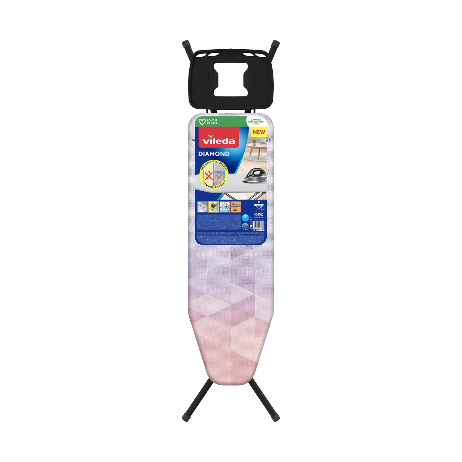 Un'asse da stiro con telaio e gambe neri. La tavola ha un motivo geometrico rosa e bianco. Un supporto per ferro da stiro nero in alto.