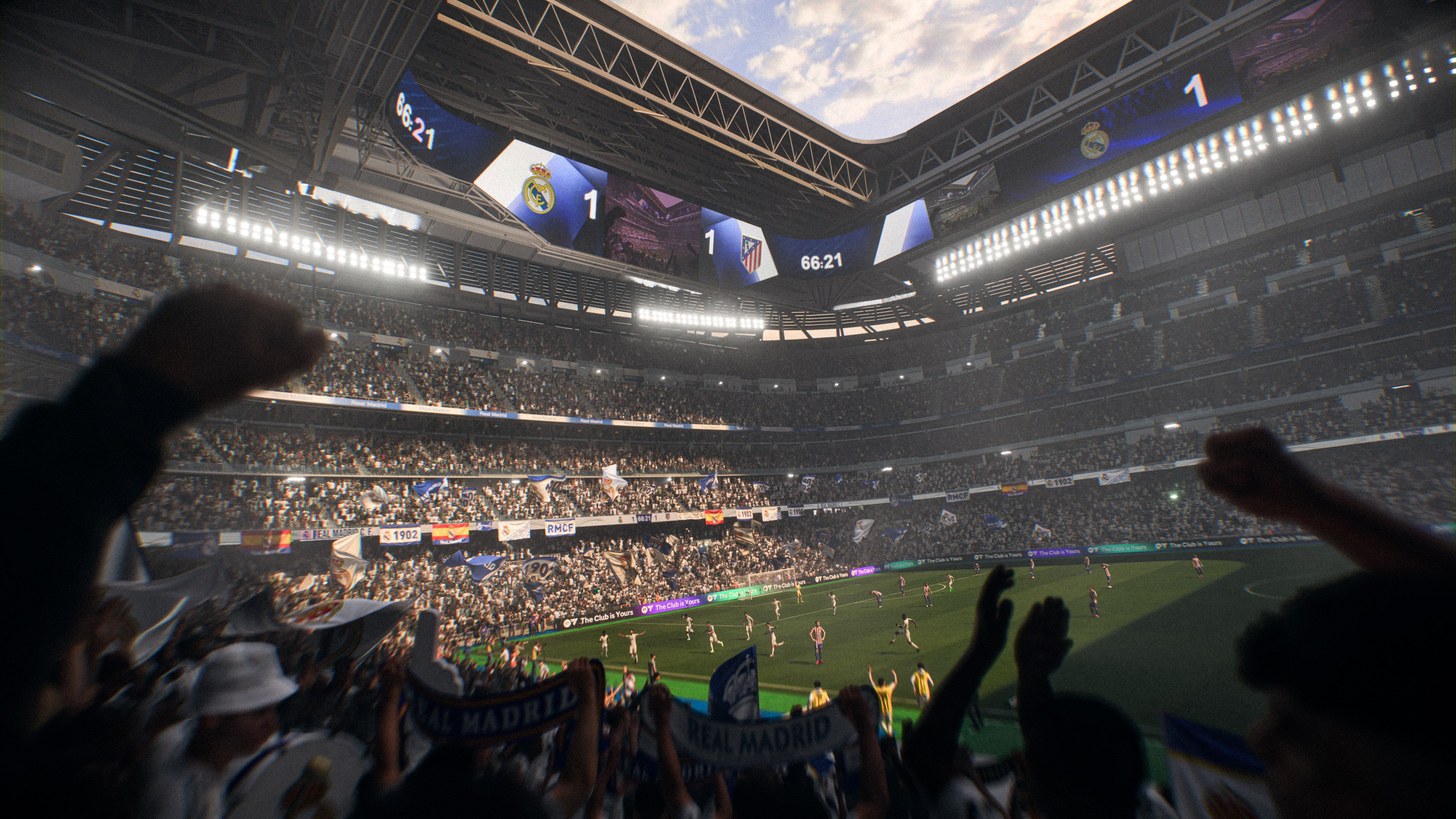Stade de football rempli de fans. Match Real Madrid contre Atletico en cours. Tableau affiche 1-1. La foule applaudit, bannières levées.