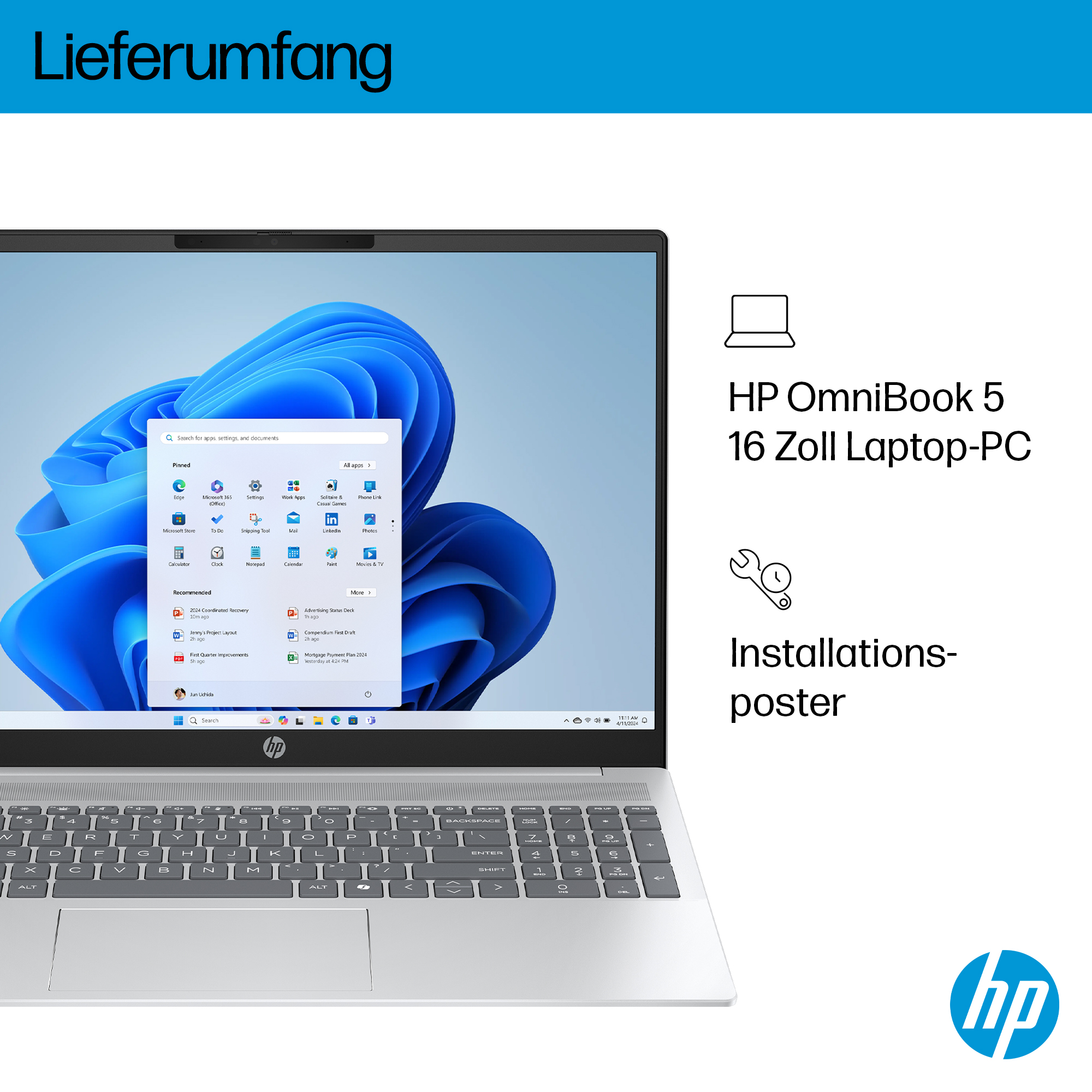 Ein HP-Laptop mit Windows 11. Der Bildschirm zeigt Apps. Text lautet: HP OmniBook 5, 16 Zoll Laptop-PC und Installationsposter.