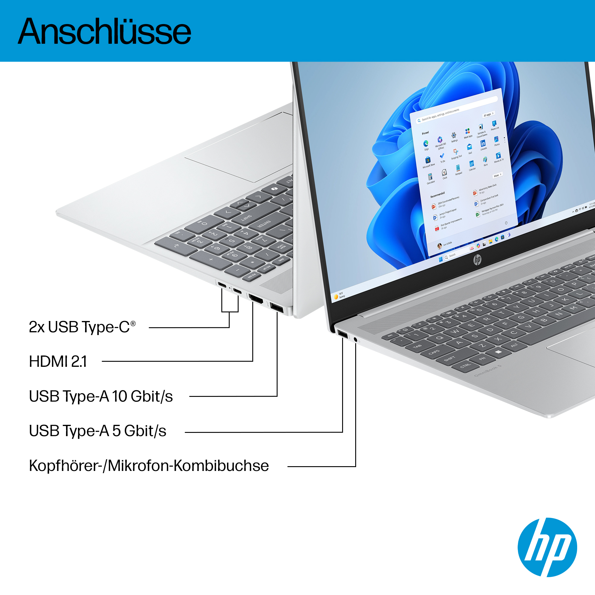 Laptop mit Anschlüssen: 2x USB-C, HDMI, USB-A 10 Gbit/s, USB-A 5 Gbit/s und Kopfhörer-/Mikrofon-Kombibuchse. HP-Logo.