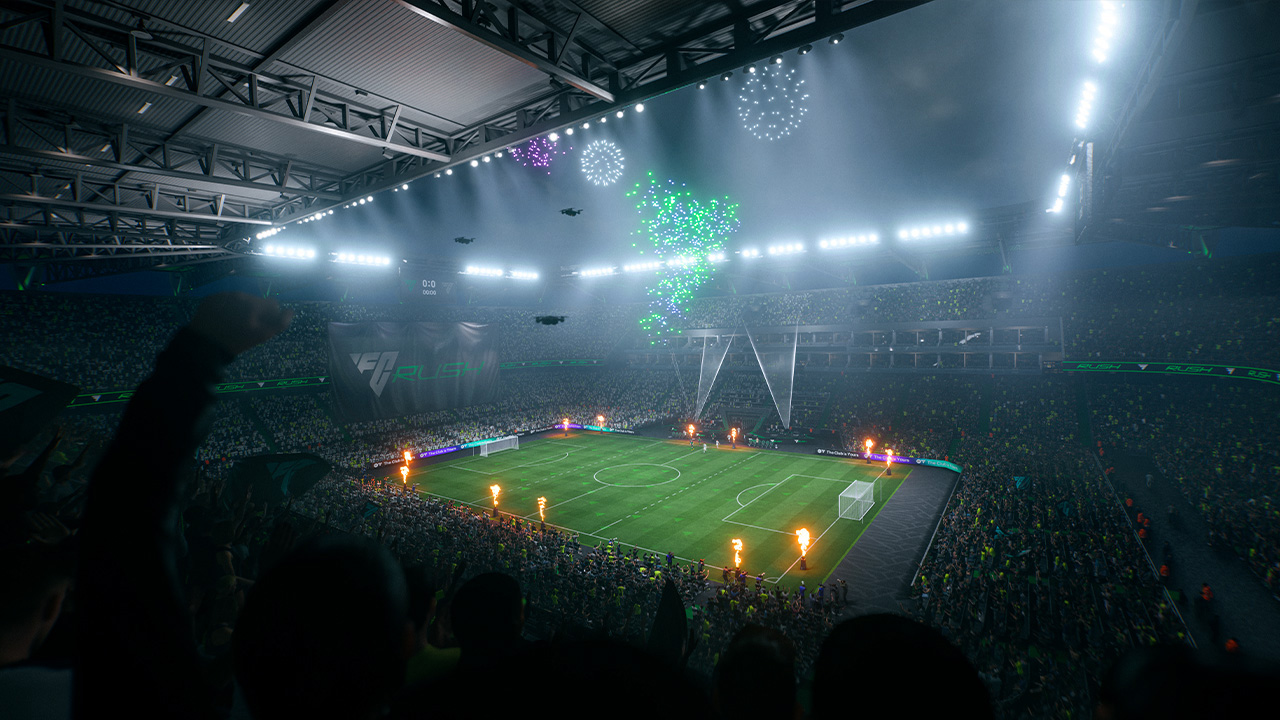 Stade de foot de nuit avec feux d'artifice et drones. La foule applaudit. Terrain éclairé. Bannière: FC RUSH.