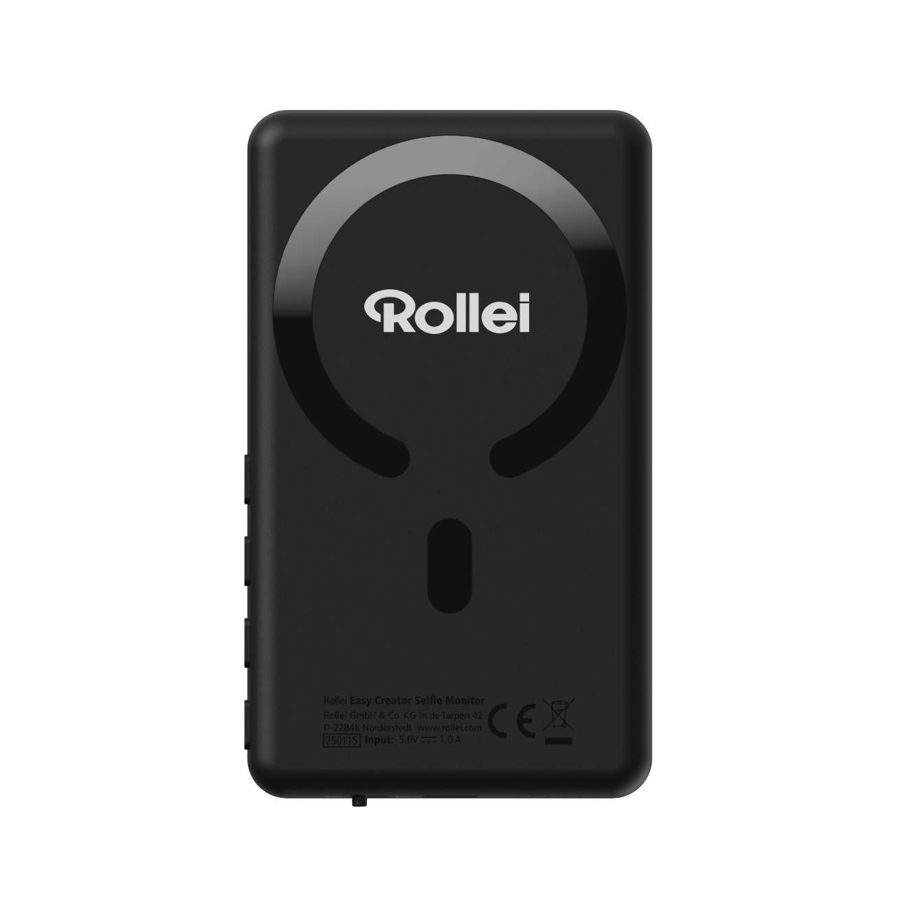 Schwarzer Rollei Selfie-Monitor mit kreisförmigem Design und Logo. Der Text auf dem Gerät gibt Modell- und Eingabespezifikationen an.