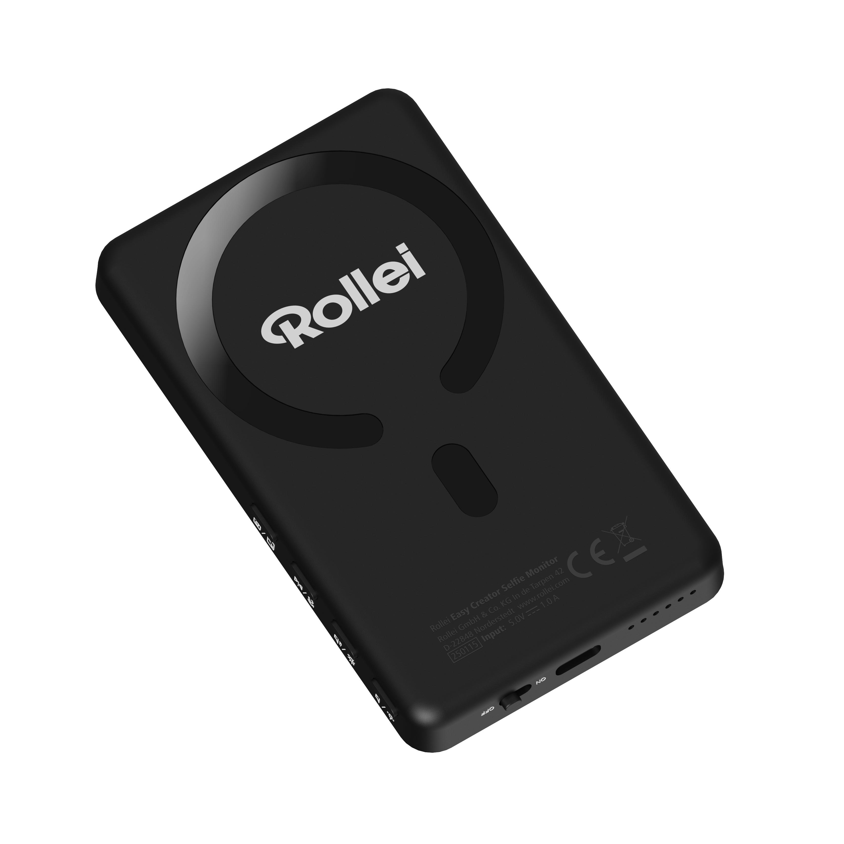 Ein schwarzer Rollei Easy Creator Selfie Monitor. Es hat ein kreisförmiges Design auf der Rückseite und ein paar Knöpfe an der Seite.