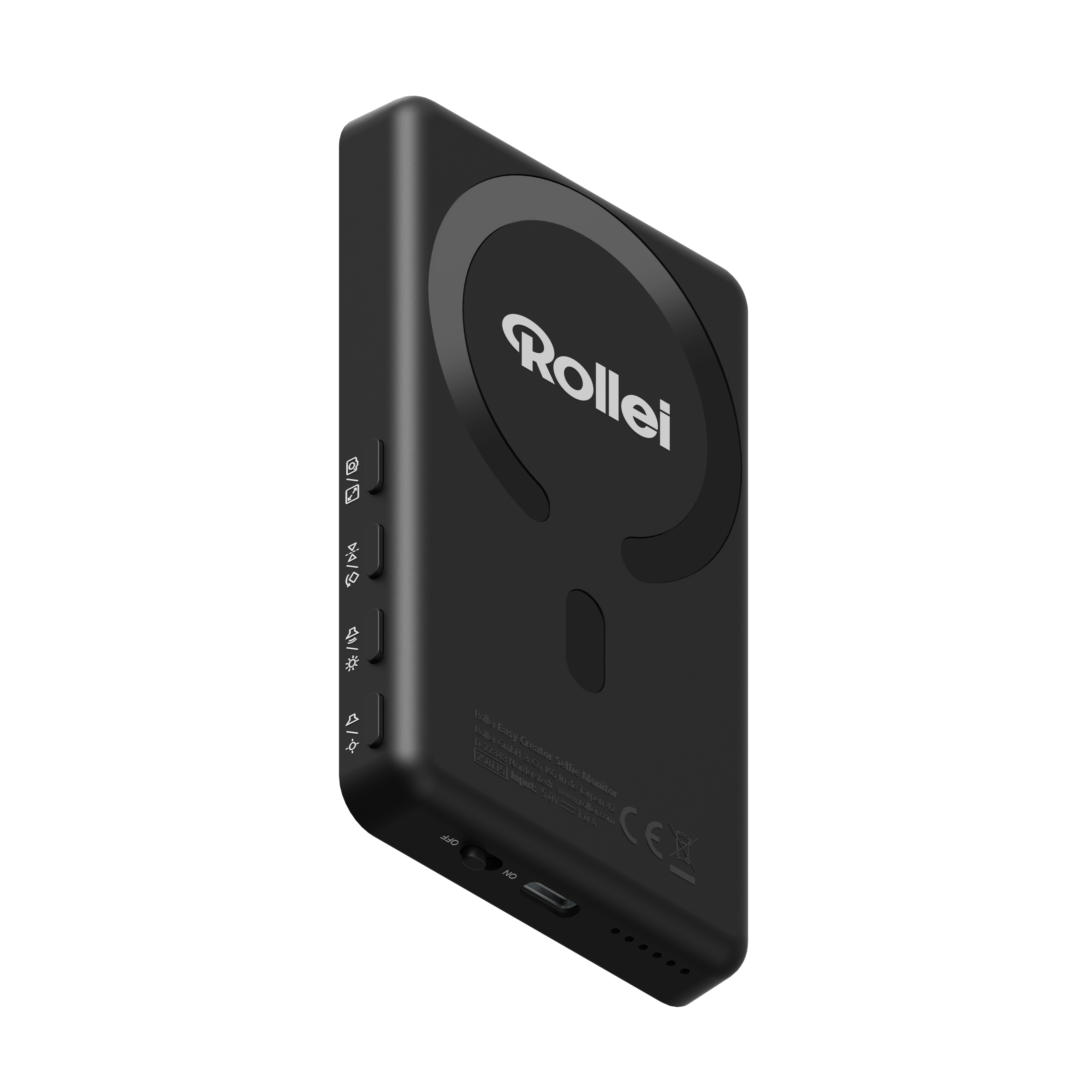 Schwarzer Rollei Selfie-Monitor. Mit Tasten und einem Netzschalter. Das Rollei-Logo ist sichtbar.