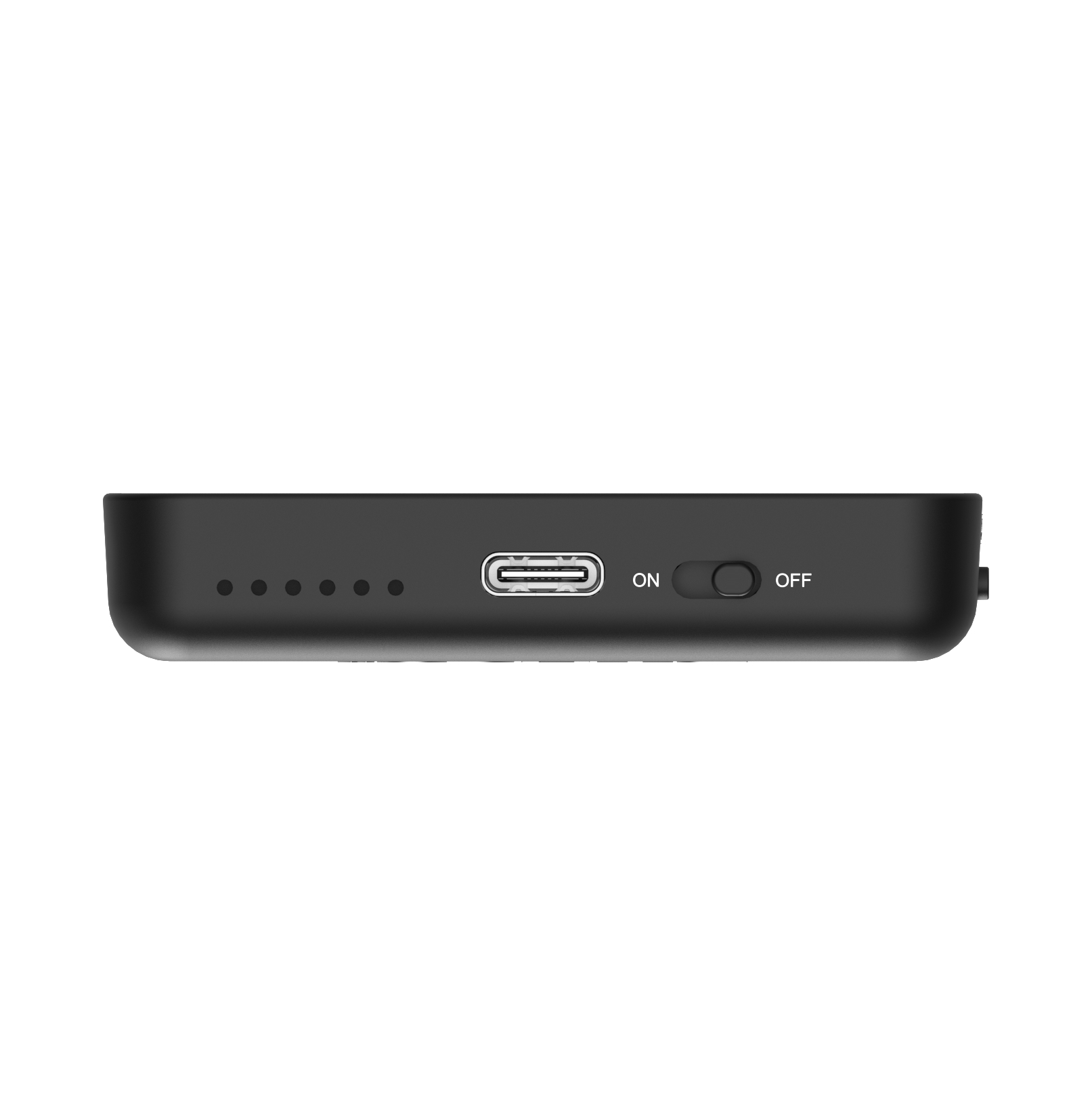 Ein schwarzes rechteckiges Gerät mit USB-C-Anschluss, Netzschalter und Kontrollleuchten. Der Netzschalter steht auf OFF.