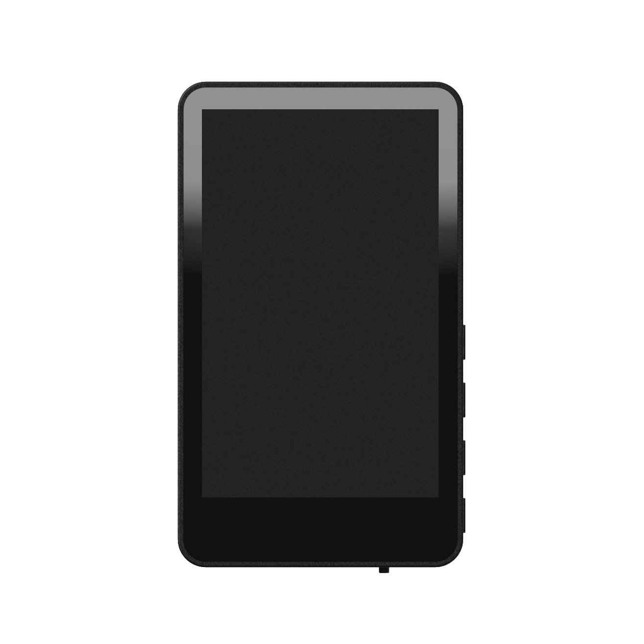 Ein schwarzes, tabletartiges Gerät mit dunklem Bildschirm und silbernem Rand. Knöpfe befinden sich auf der rechten Seite. Weißer Hintergrund.