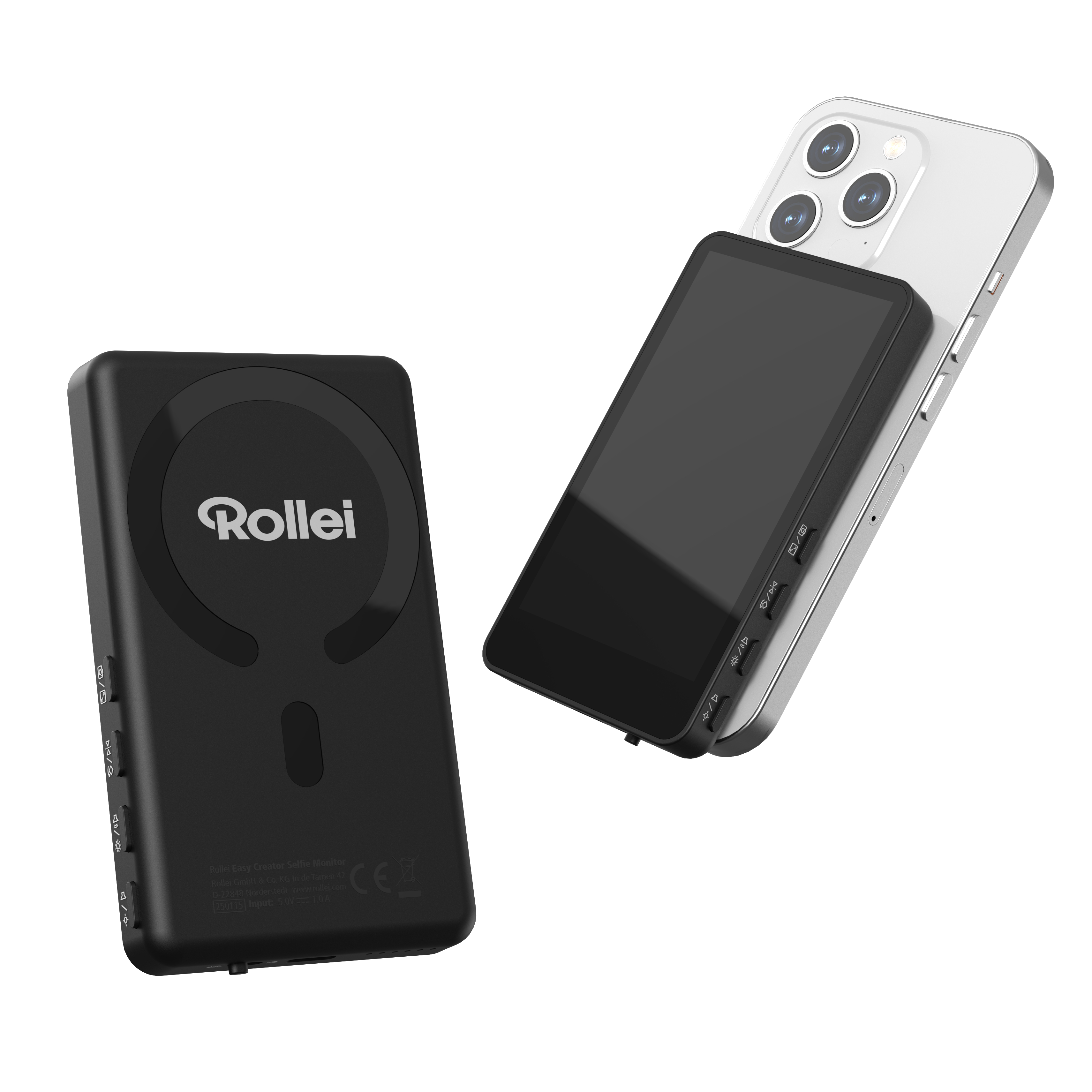 Zwei schwarze Geräte, eines mit Rollei-Logo und ein silbernes Telefon. Alles vor weißem Hintergrund.