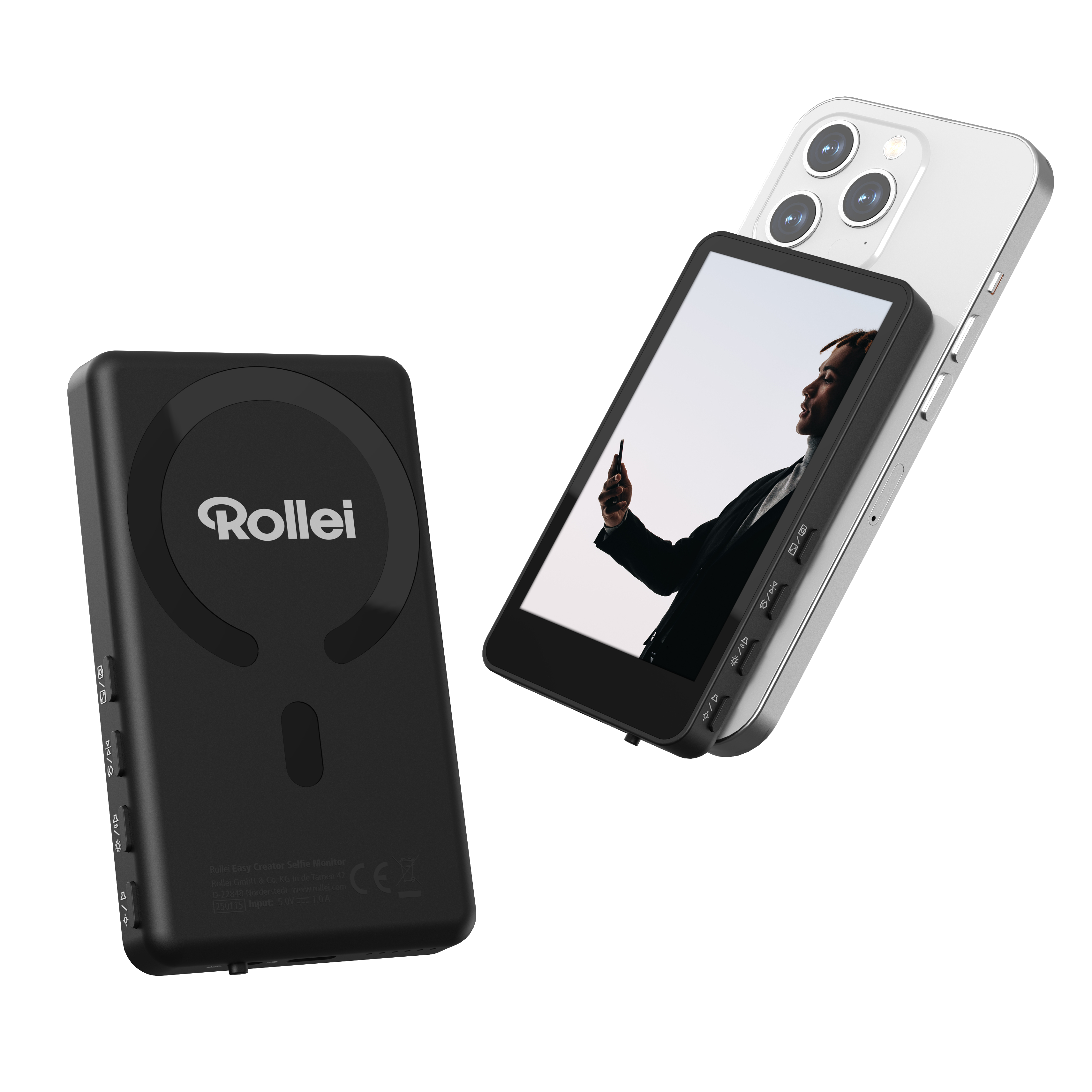 Ein schwarzes Rollei-Gerät und ein Telefon mit Bildschirm, das eine Person zeigt, auf weißem Grund.