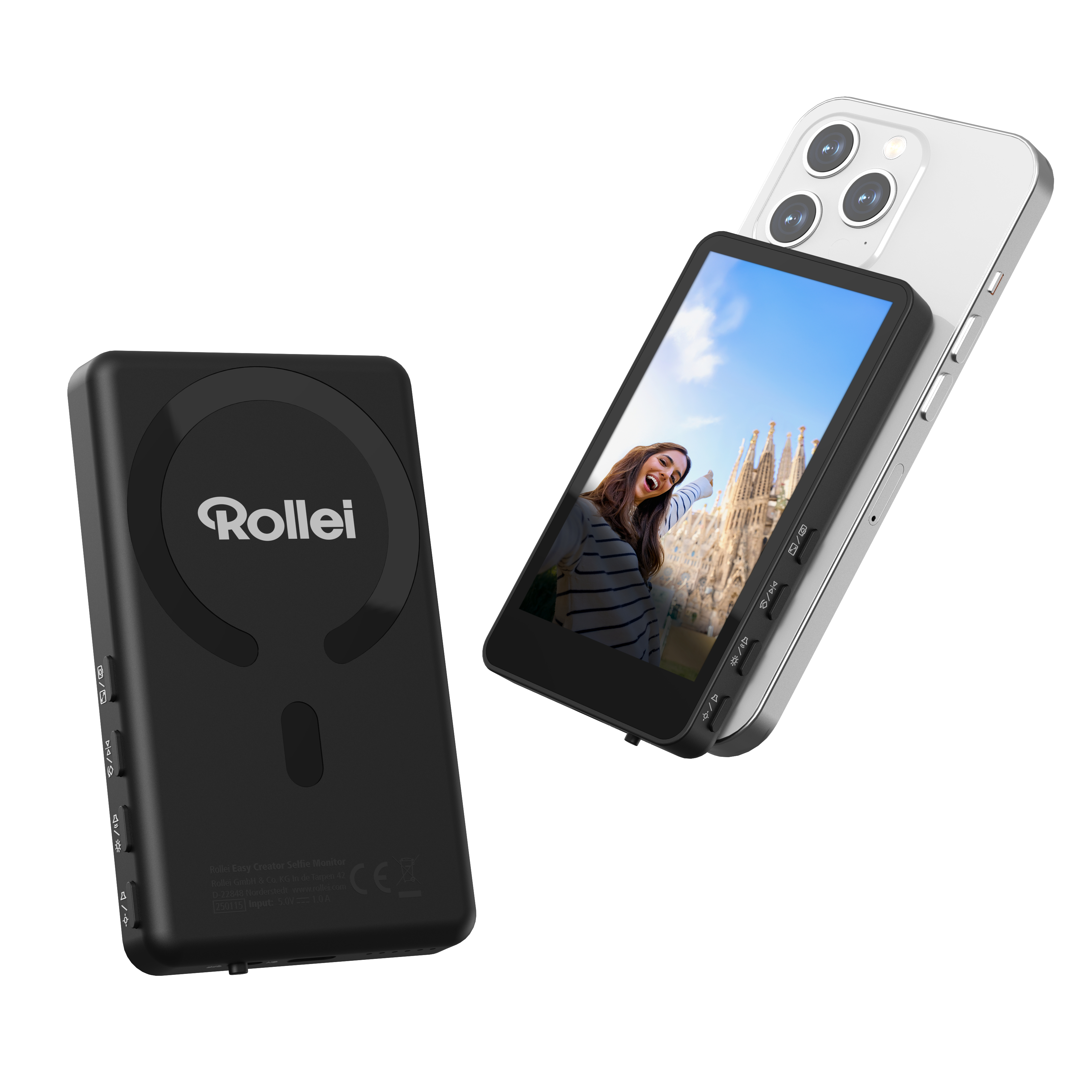 Ein schwarzer Rollei-Monitor mit einem Telefon, das eine lächelnde Frau zeigt. Das Telefon hat eine Kamera und einen Bildschirm mit Stadtbild.