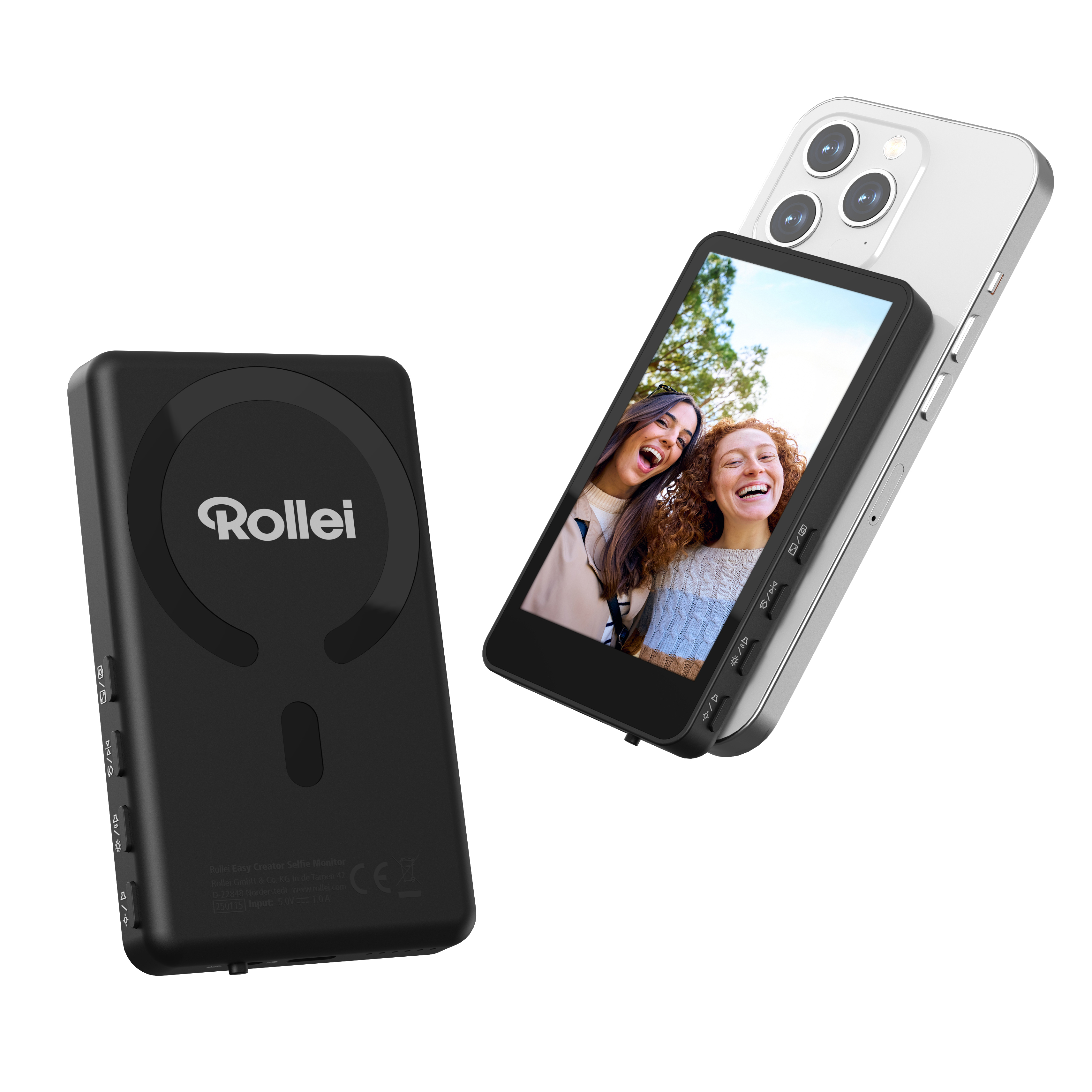 Schwarzes Rollei-Gerät und ein Telefon, das zwei lächelnde Frauen zeigt. Das Telefon ist silber.