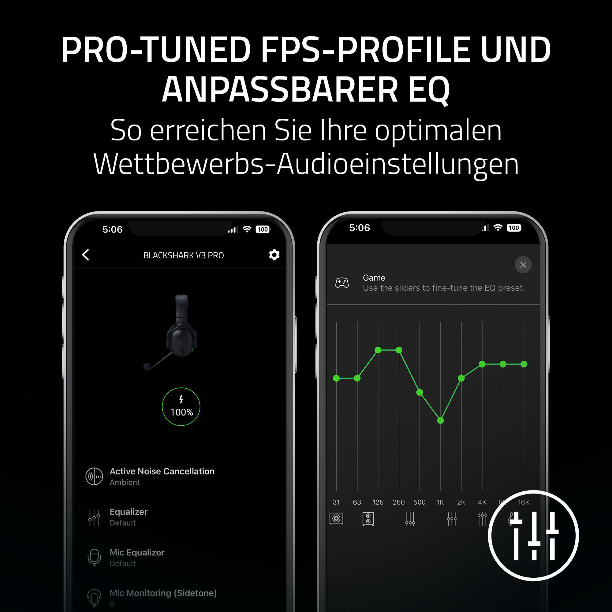 Zwei Smartphones zeigen Audioeinstellungen. Eines zeigt ein Headset. Das andere zeigt ein grünes Liniendiagramm zur Anpassung des Equalizers.