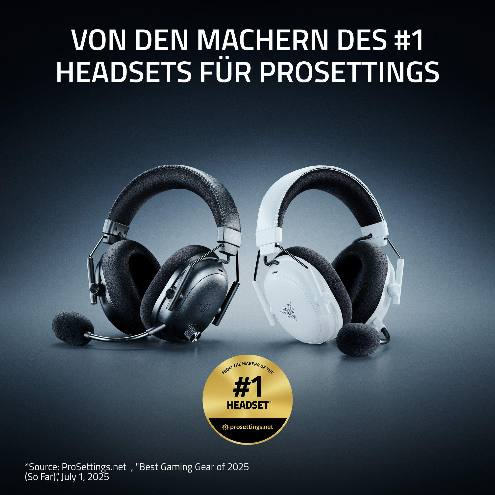 Zwei Gaming-Headsets, schwarz und weiß, stehen nebeneinander auf einer dunklen Oberfläche. Der Text lautet '#1 Headsets'.