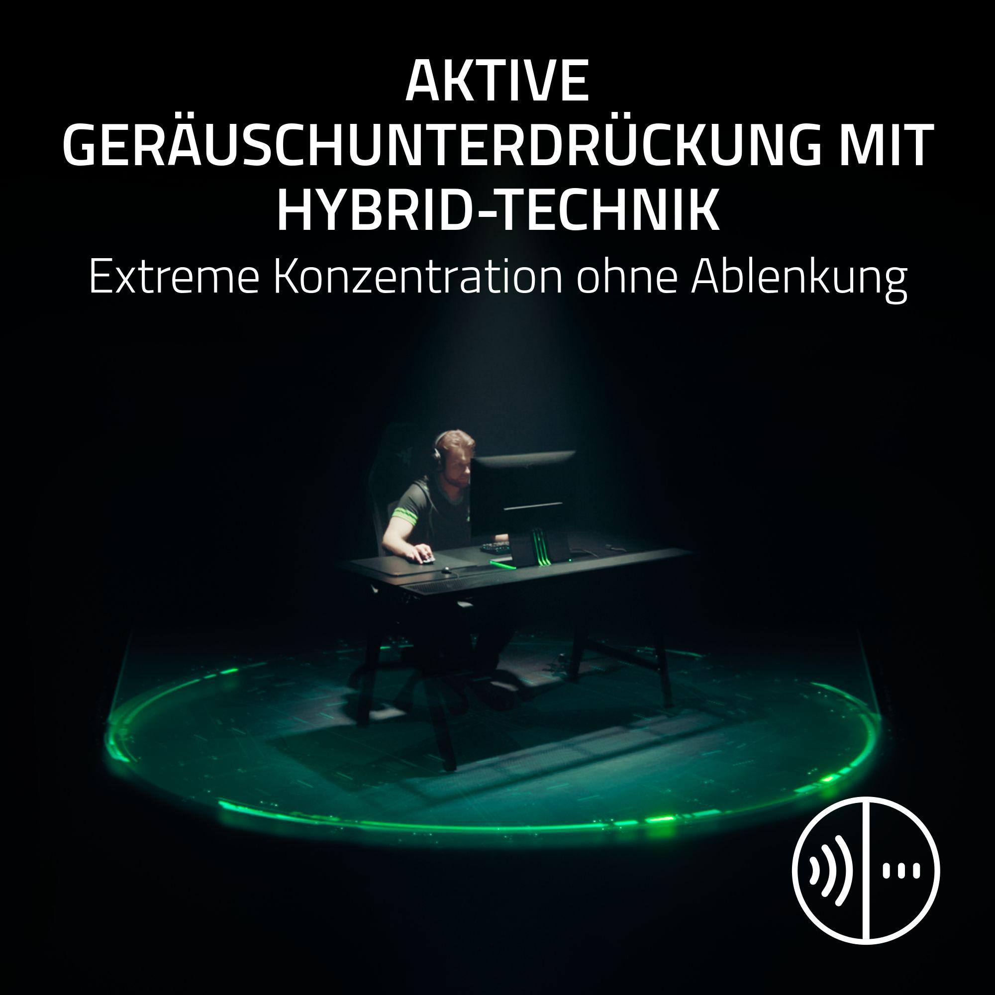 Eine Person mit Headset sitzt an einem Schreibtisch. Der Schreibtisch hat einen Computer. Das Bild hat grüne Beleuchtung.