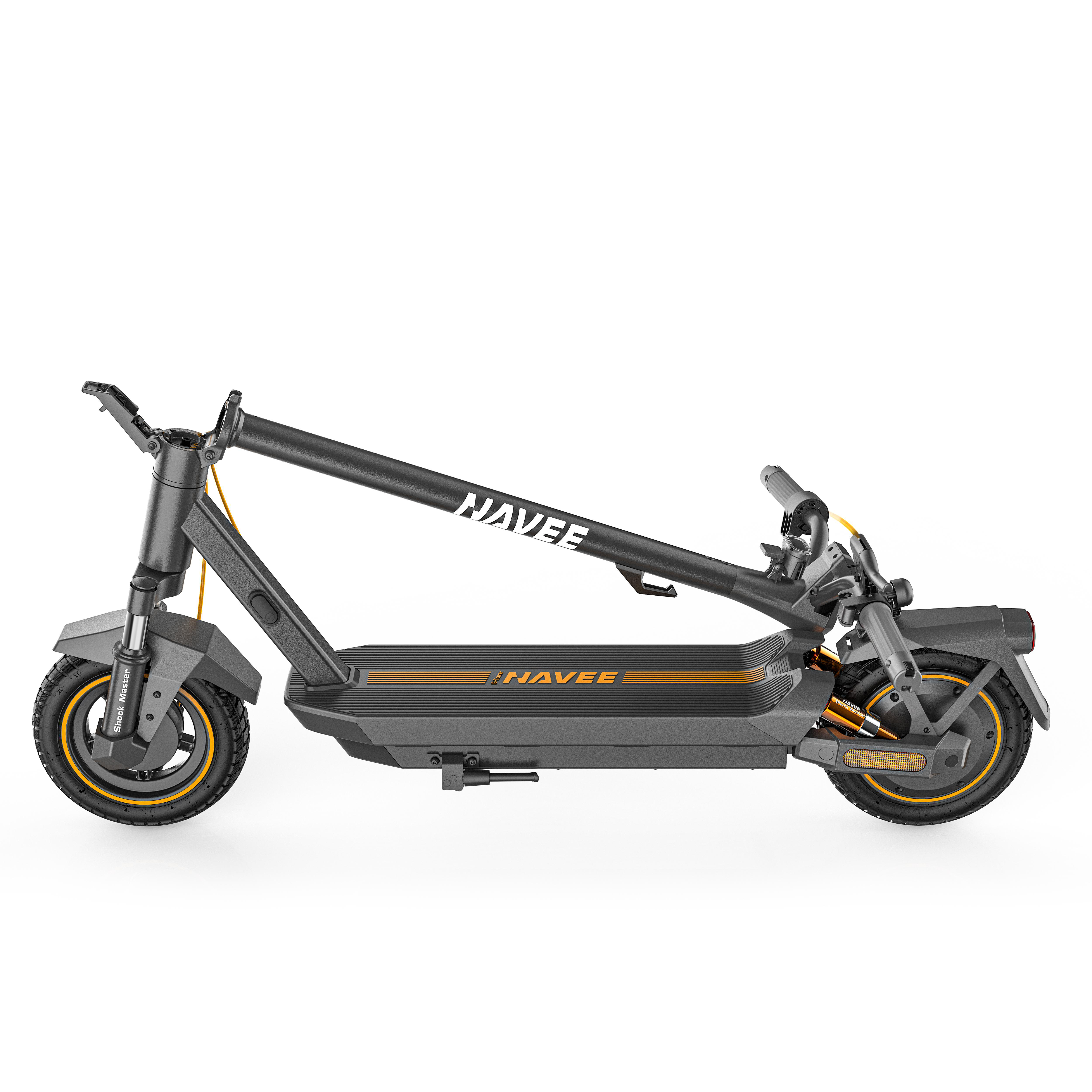 Gezeigt wird ein grauer und schwarzer Navee E-Scooter. Er hat orangefarbene Akzente an Rädern und Deck, das Navee-Logo ist sichtbar.