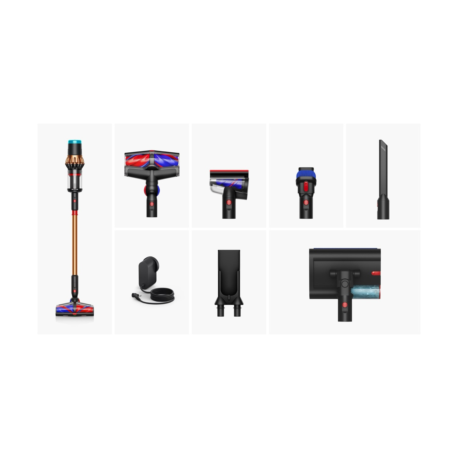 Un'immagine di un aspirapolvere Dyson e dei suoi accessori. Include l'unità principale, varie testine, un caricatore e altri accessori.