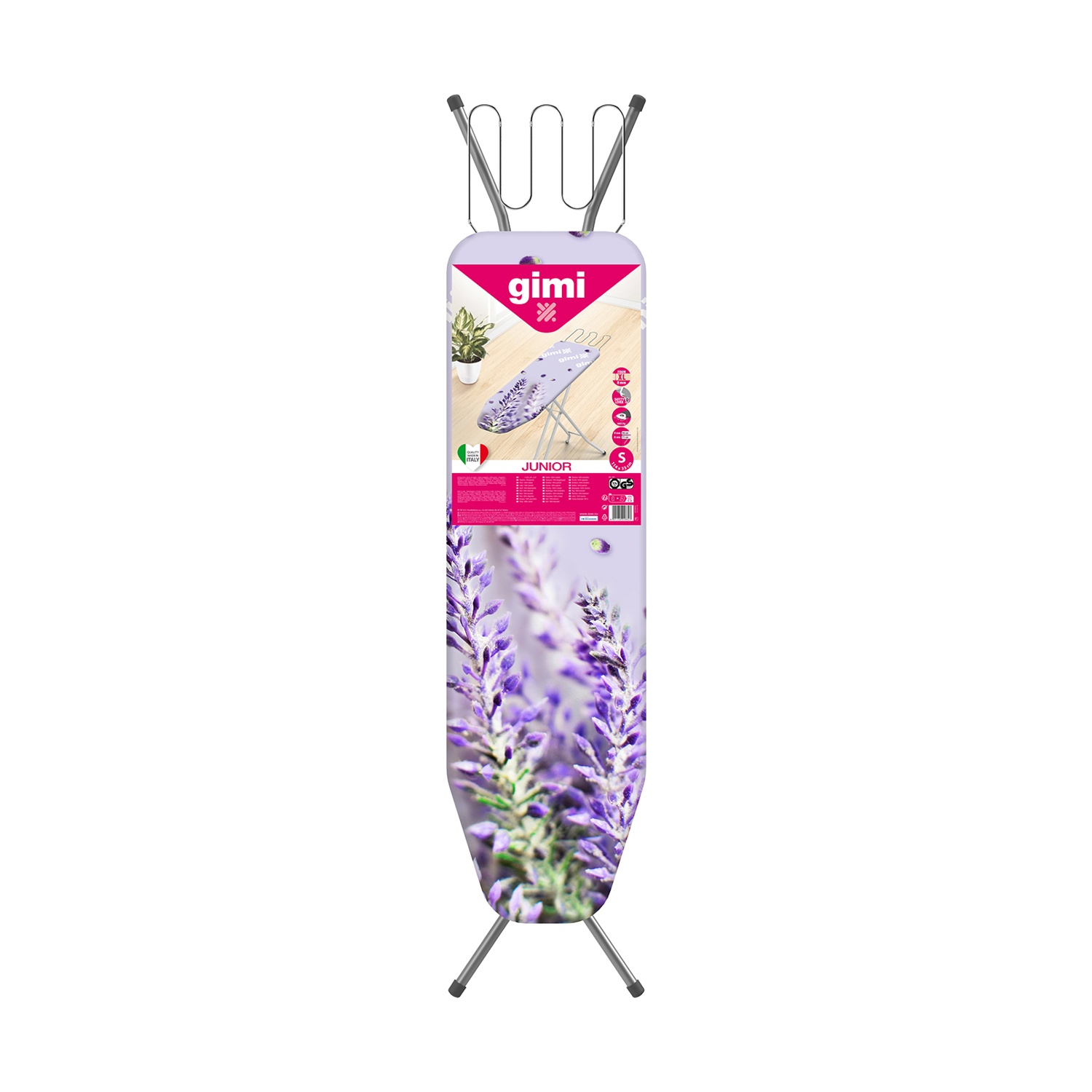 Un asse da stiro con design lavanda. Ha un telaio in metallo e una copertura con fiori di lavanda. Il marchio "gimi" è visibile.