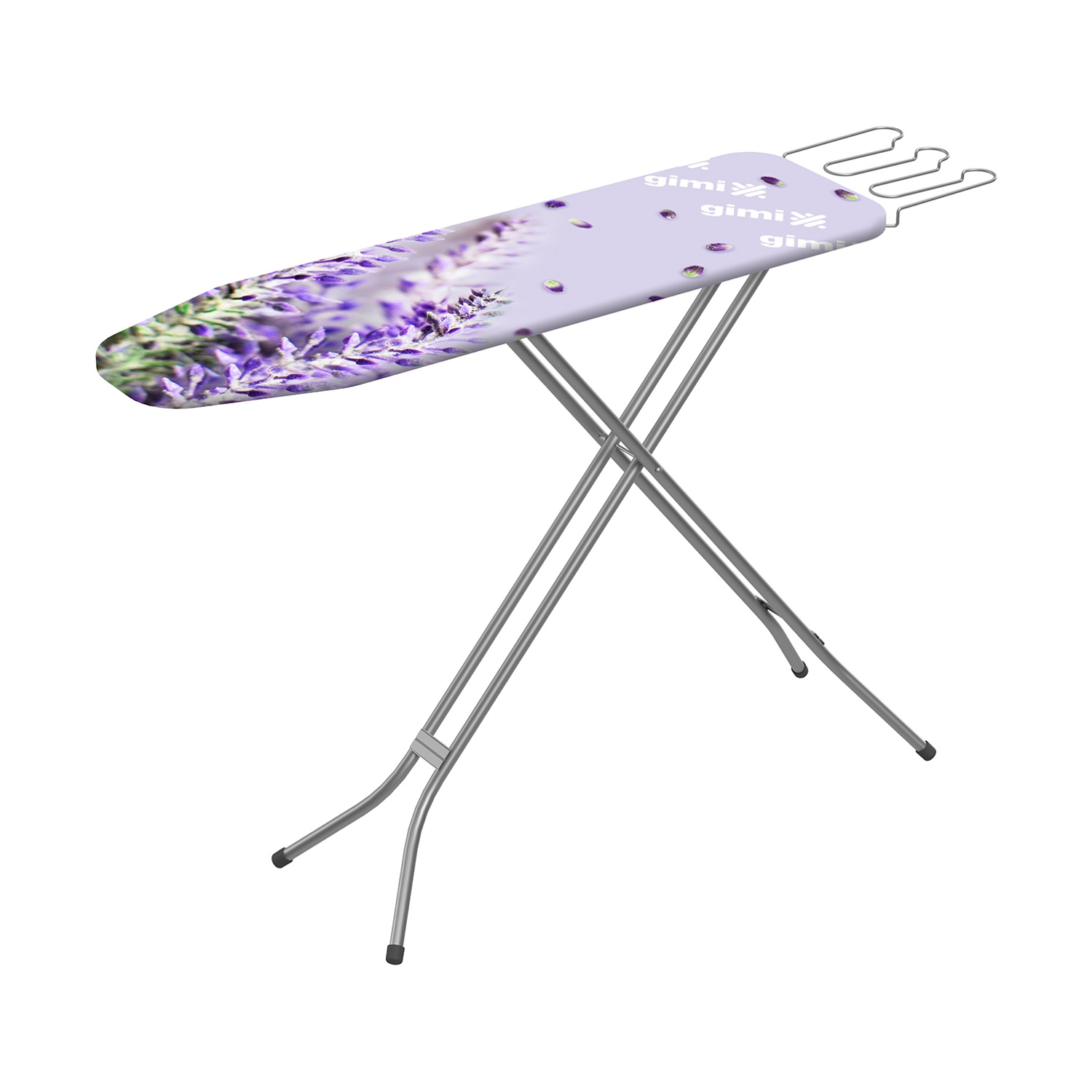 Un asse da stiro con un design di lavanda e gambe in metallo su sfondo bianco. L'asse ha un porta ferro in metallo.