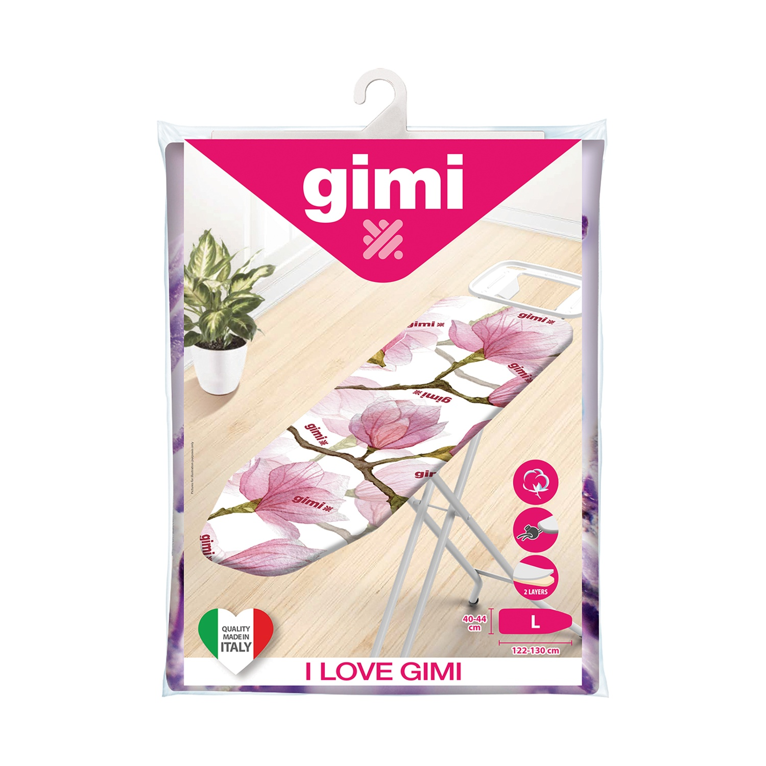 Un'asse da stiro in una confezione. Ha un design floreale, è bianca e rosa. La confezione dice 'gimi' e 'I love GIMI'.