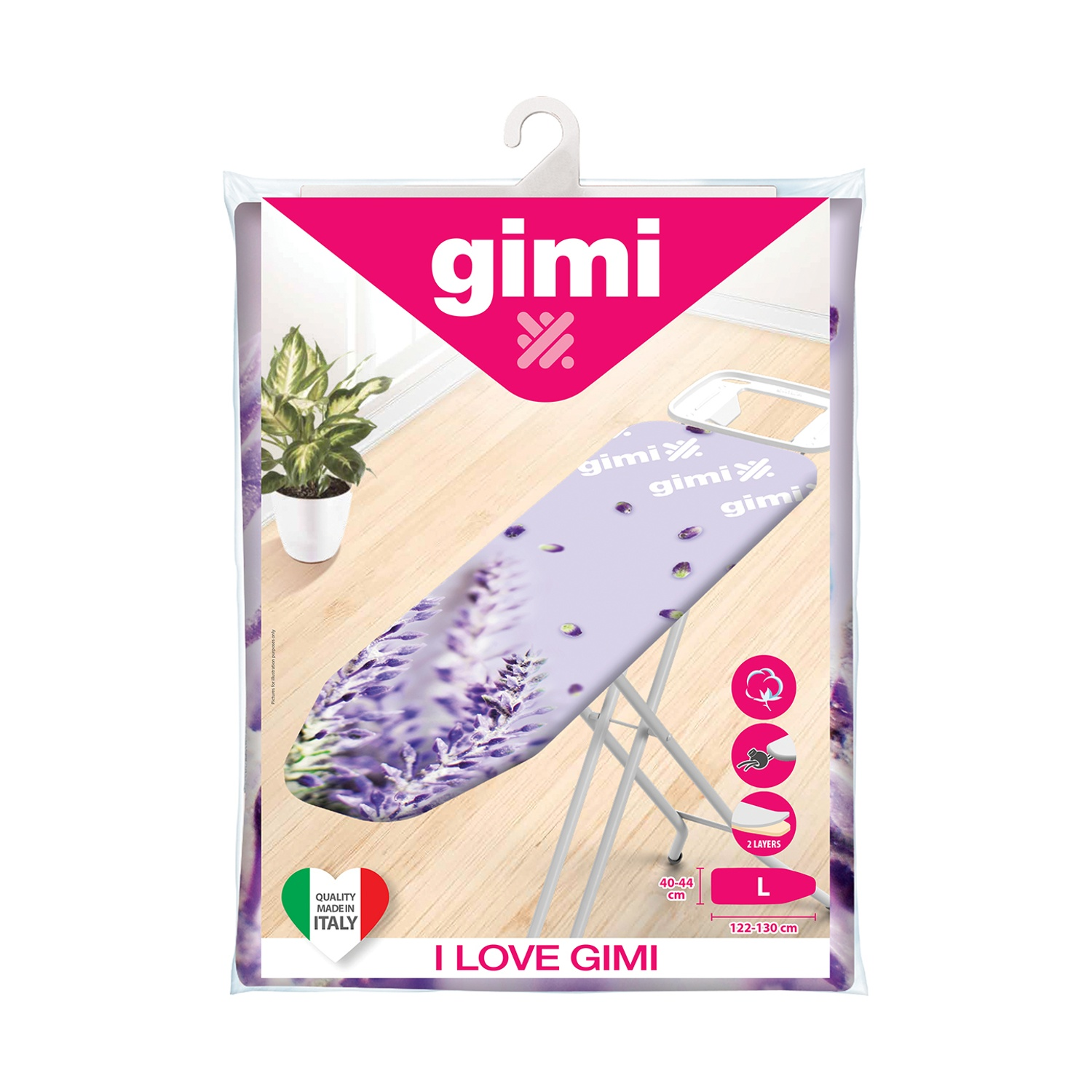 Un asse da stiro in un sacchetto di plastica. Ha un design lavanda, il logo Gimi e dice 'I love Gimi'. Una pianta in vaso sullo sfondo.