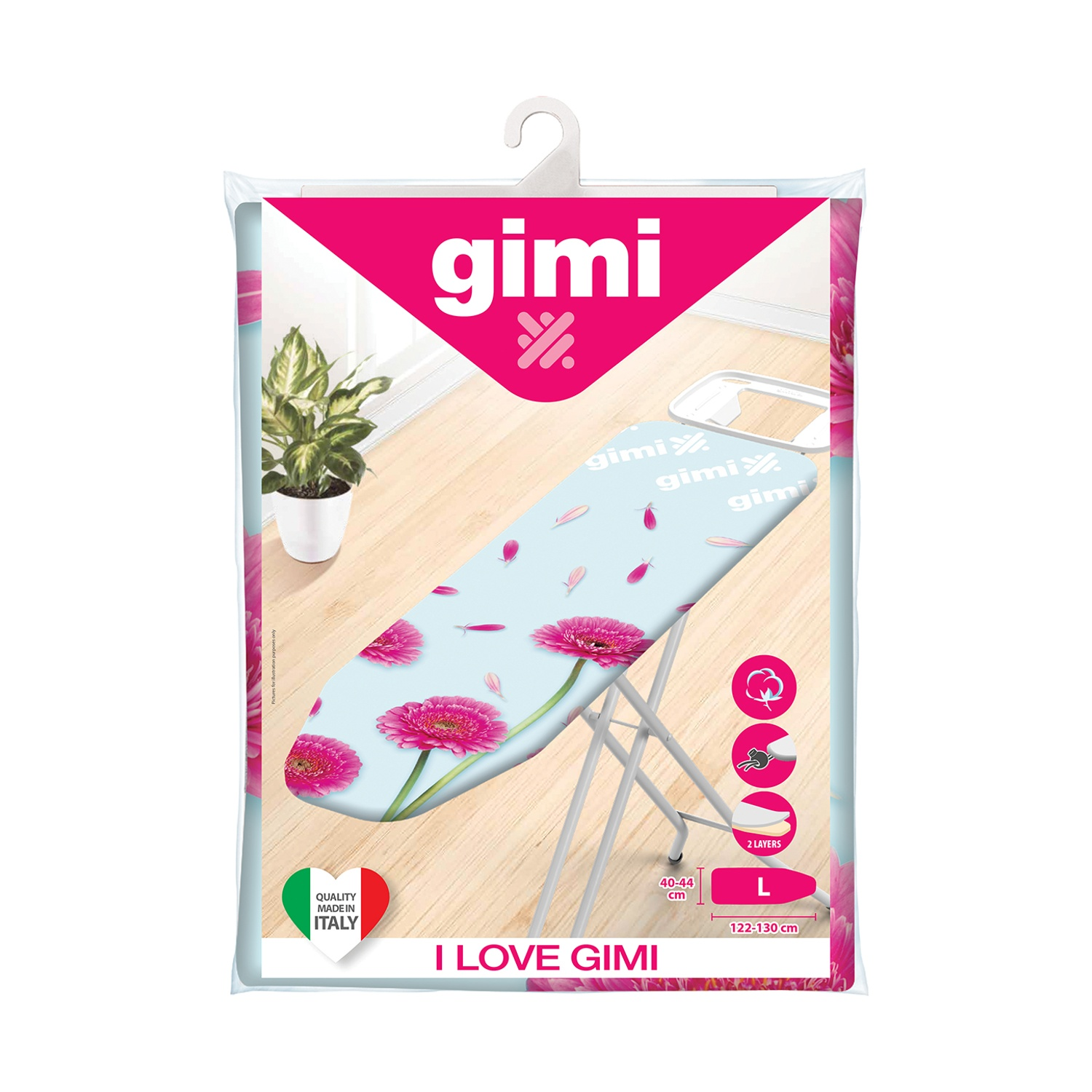 Confezione di un asse da stiro. L'asse da stiro ha una fodera azzurra con fiori rosa. La confezione ha il logo 'gimi'.