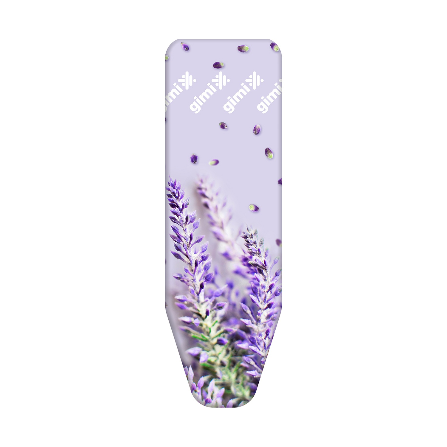 Una fodera per asse da stiro con fiori di lavanda viola su sfondo lilla chiaro. La fodera ha il marchio 'gimi'.