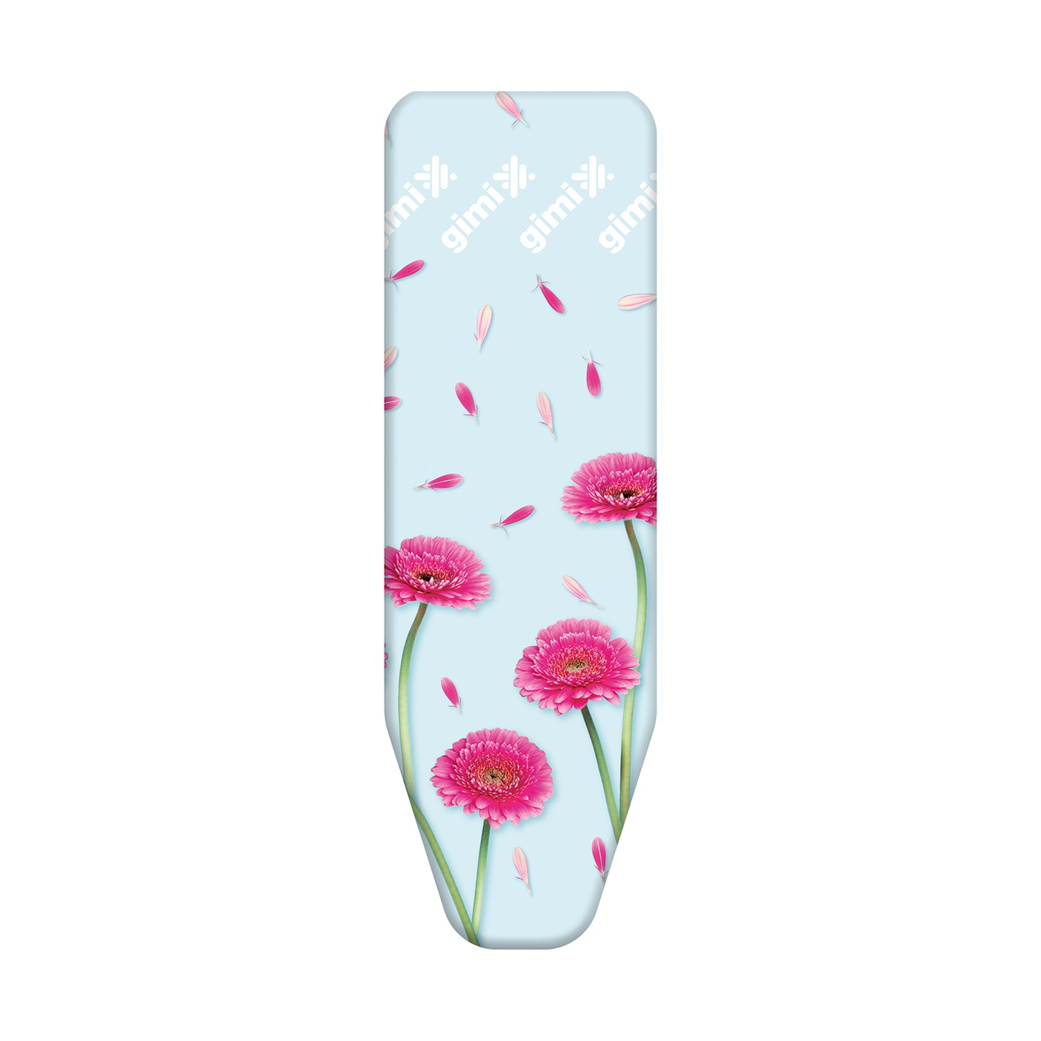 Un'asse da stiro con sfondo azzurro, margherite rosa e petali rosa che cadono. Il marchio 'gimi' è visibile.