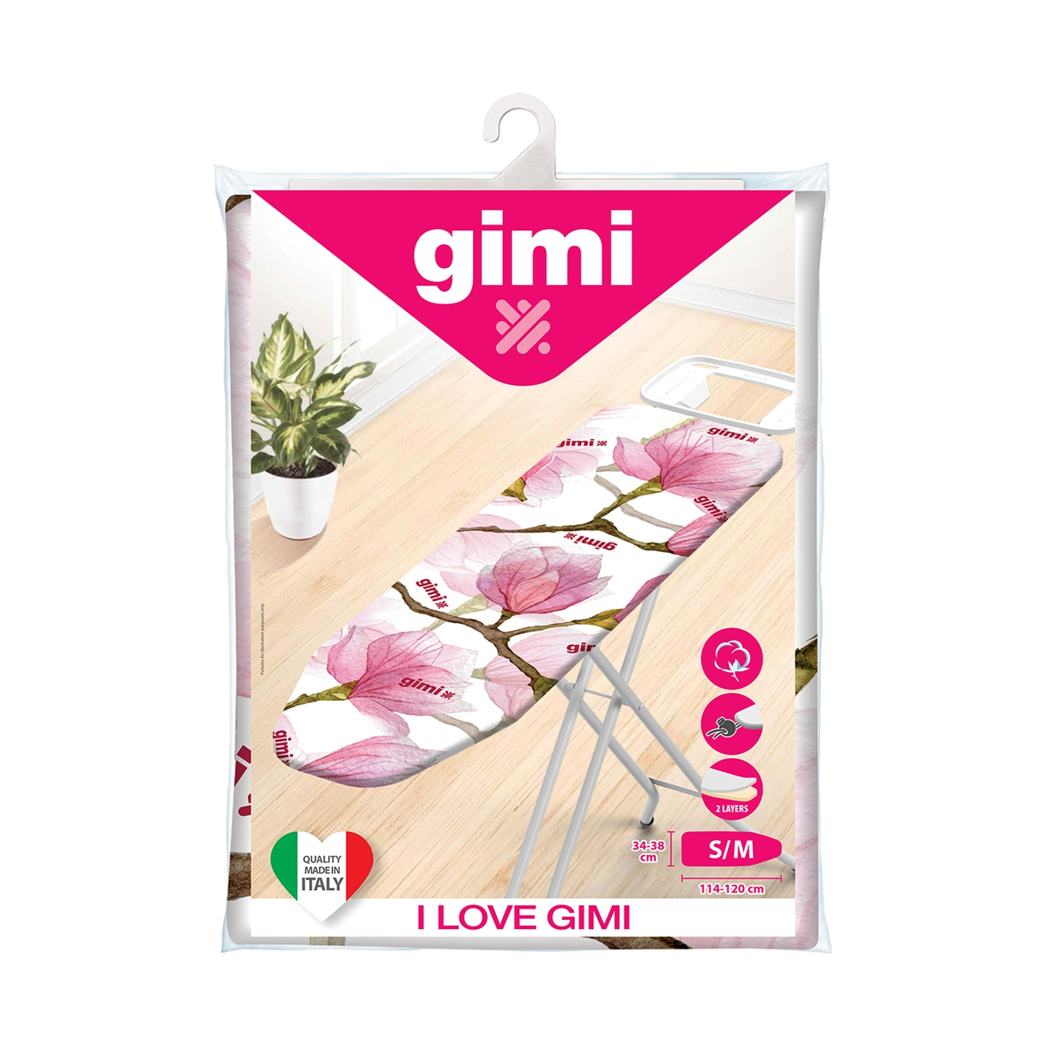 Asse da stiro in sacchetto di plastica. Ha un design floreale, il marchio è 'gimi'. Il prodotto è made in Italy.