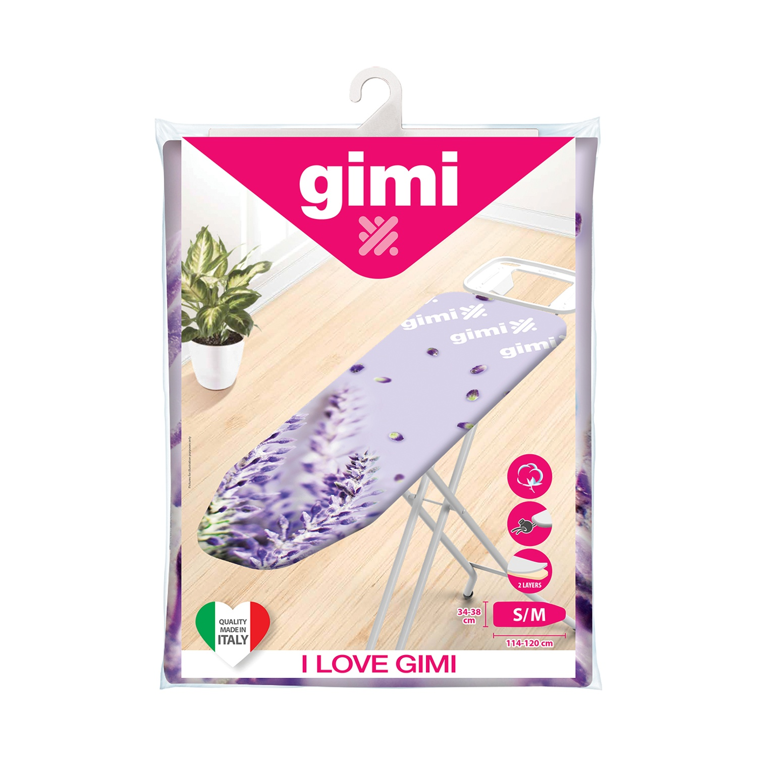 Copriasse da stiro in busta di plastica. Design lavanda sul copriasse. Include testo: "I love GIMI" e "Made in Italy".