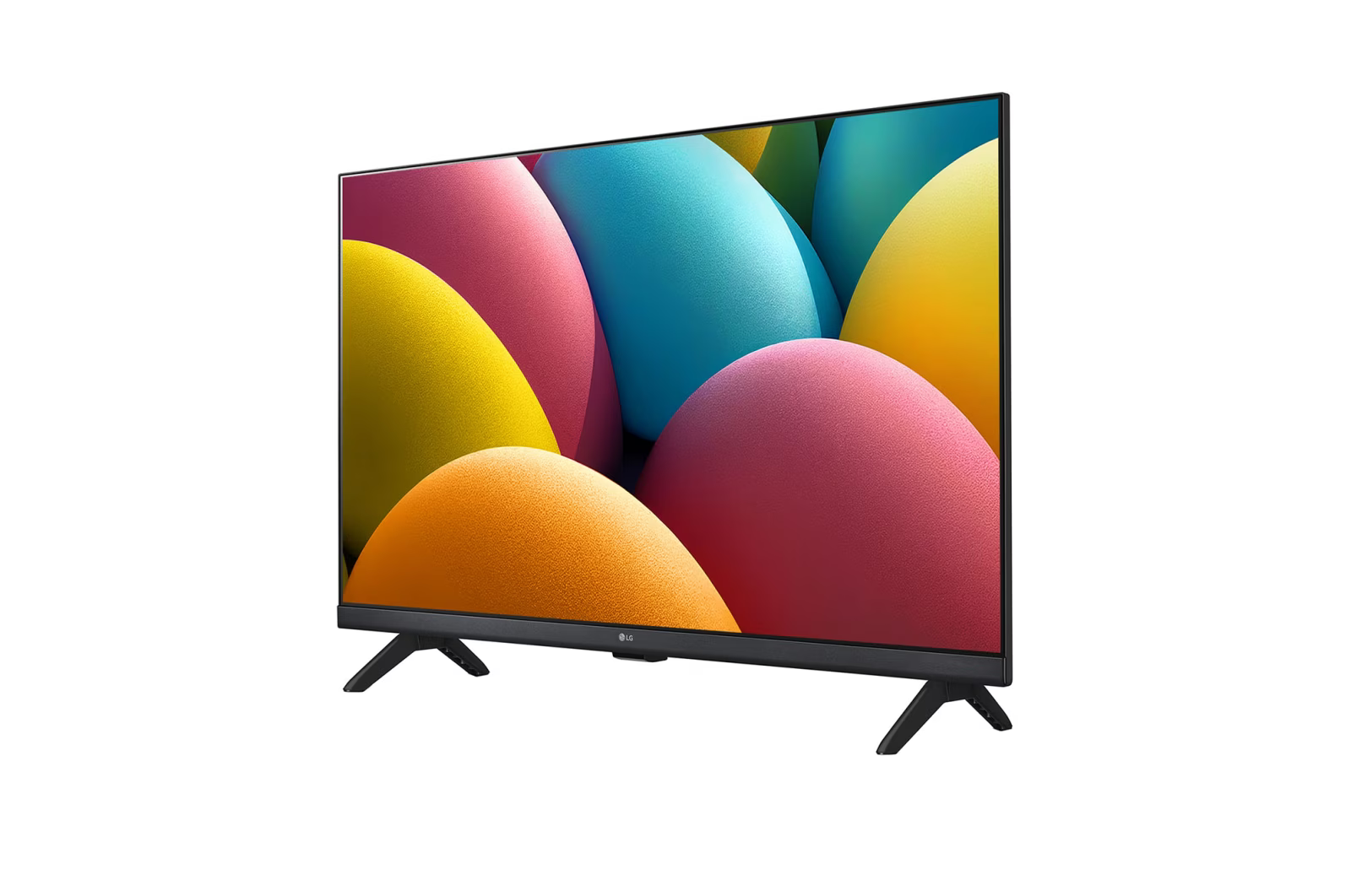 Egy fekete LG TV színes, absztrakt dizájnt jelenít meg, kerekített formákkal, narancssárga, rózsaszín, kék és sárga színekben, fehér háttér előtt.