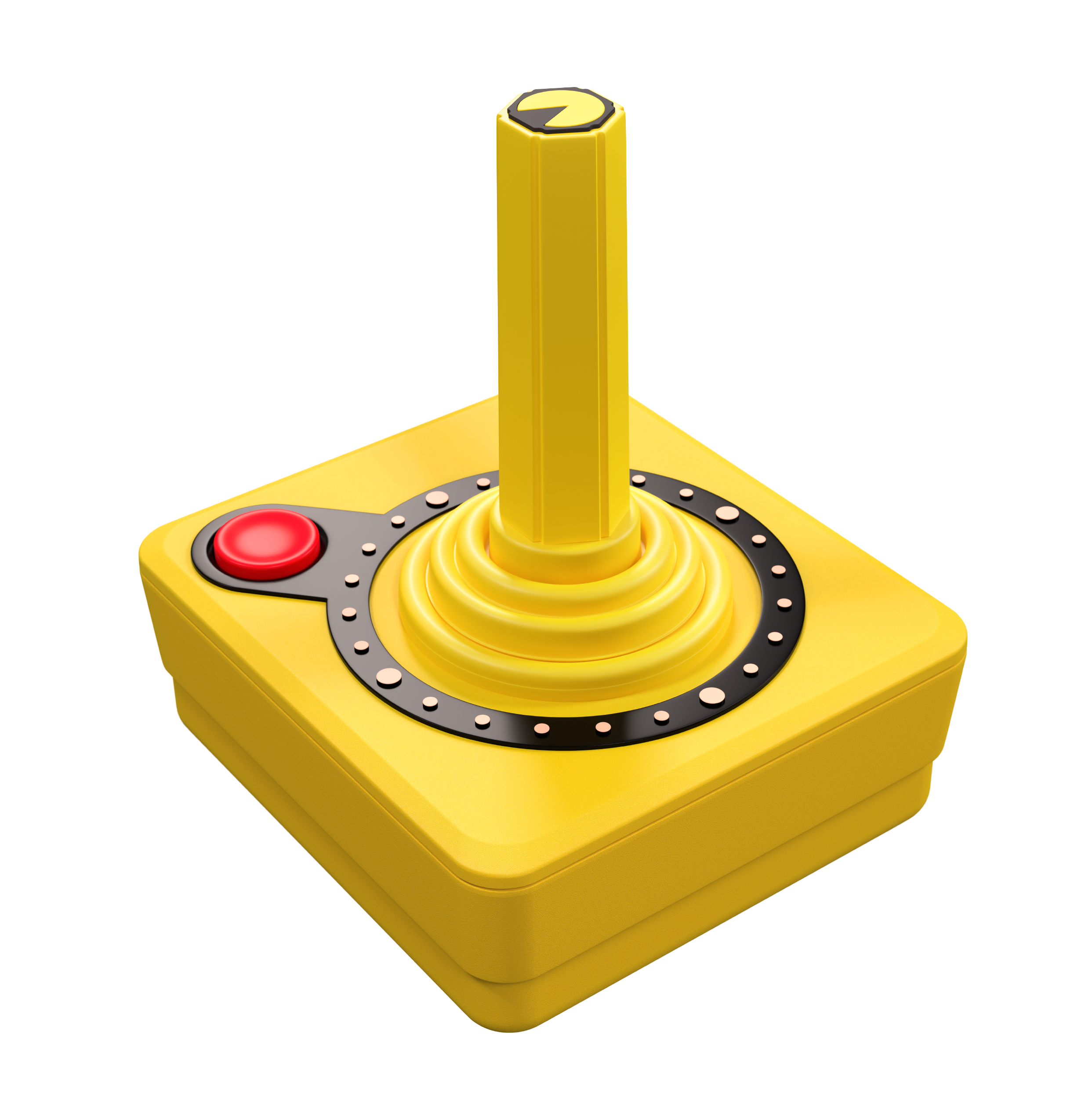 Ein gelber Joystick mit rotem Knopf und schwarzem Ring mit Punkten. Oben ist ein Pac-Man-Design.