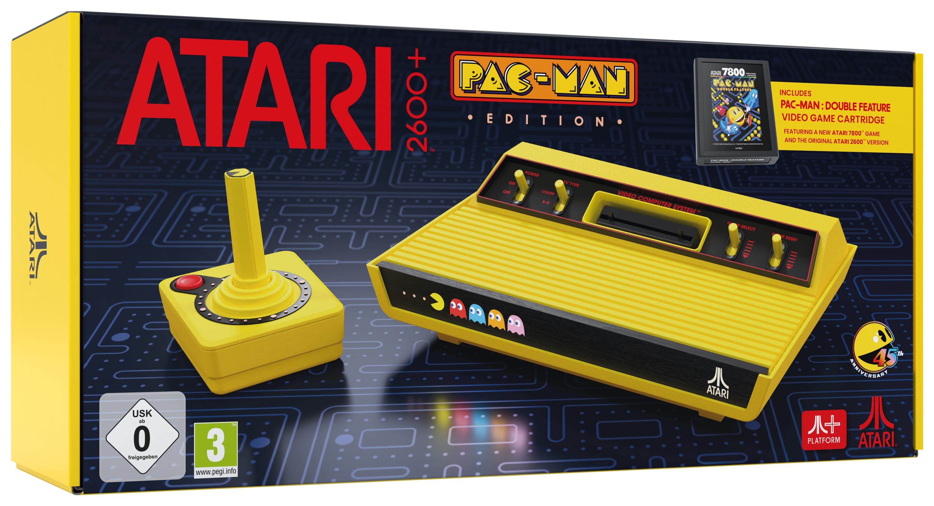 Atari 2600+ Pac-Man Edition Box. Enthält gelbe Konsole, Joystick und Pac-Man-Spielmodul.