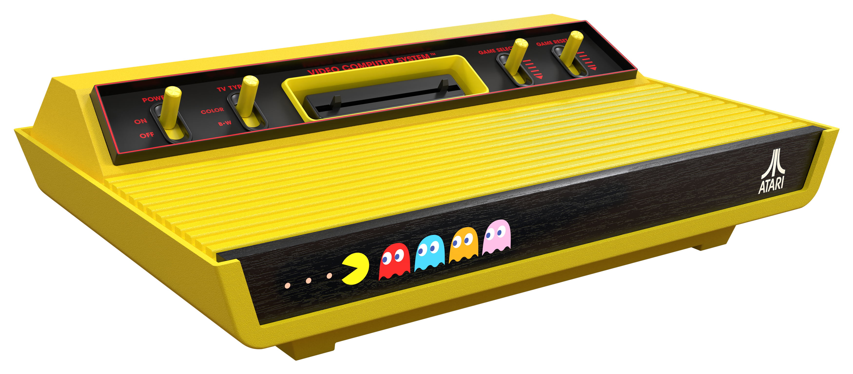 Gelbe Atari-Konsole mit schwarzen Akzenten, Pac-Man-Figuren. Mit Ein-/Ausschaltern und Farbschaltern. Atari-Logo.