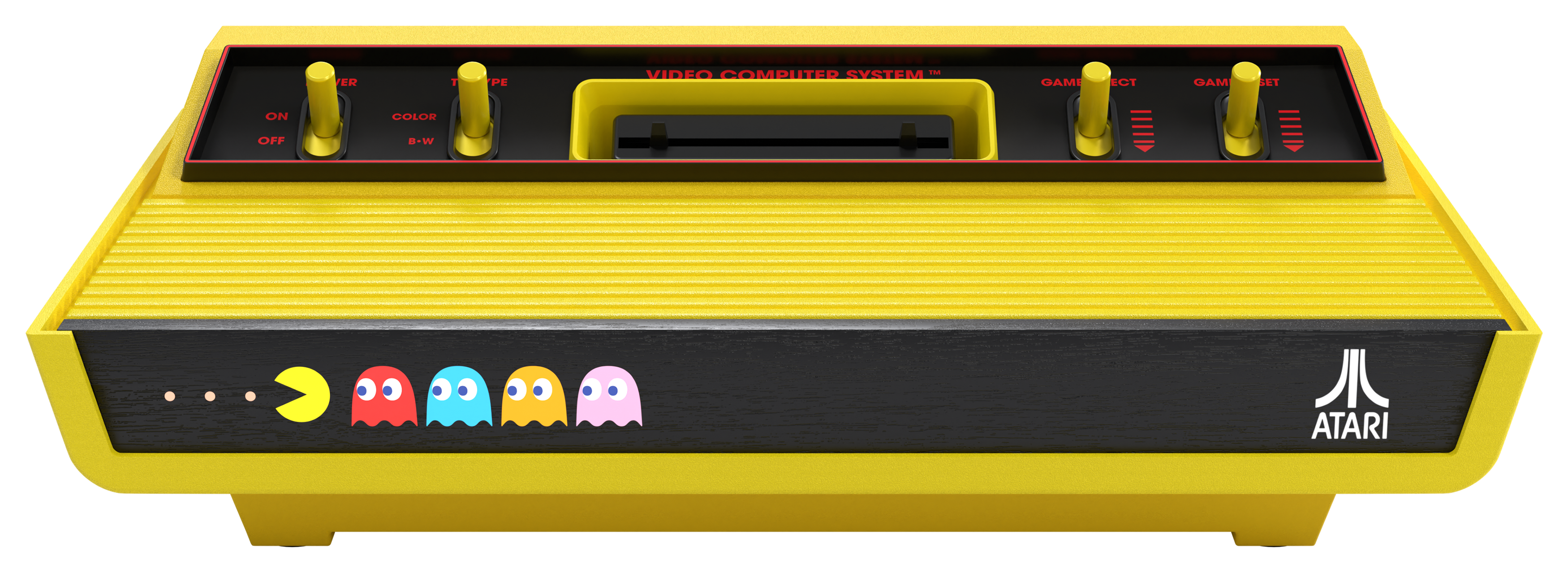 Gelbe Atari-Konsole mit Pac-Man-Charakteren. Mit Strom-, Farb- und Spielauswahl-Bedienelementen. Atari-Logo sichtbar.