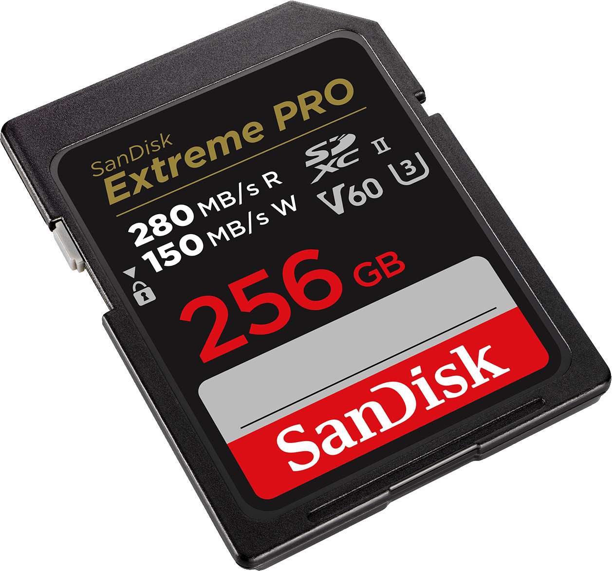 Una scheda SD nera SanDisk Extreme PRO. Mostra 256 GB, velocità di lettura/scrittura e il logo SanDisk. Su sfondo grigio.
