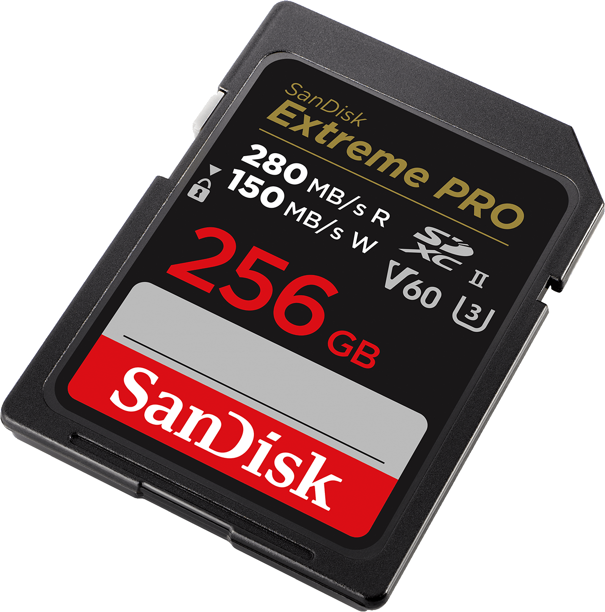 Una scheda SD SanDisk Extreme PRO. Ha 256 GB di memoria, indicati da grandi numeri rossi. La scheda è nera con testo bianco e rosso.
