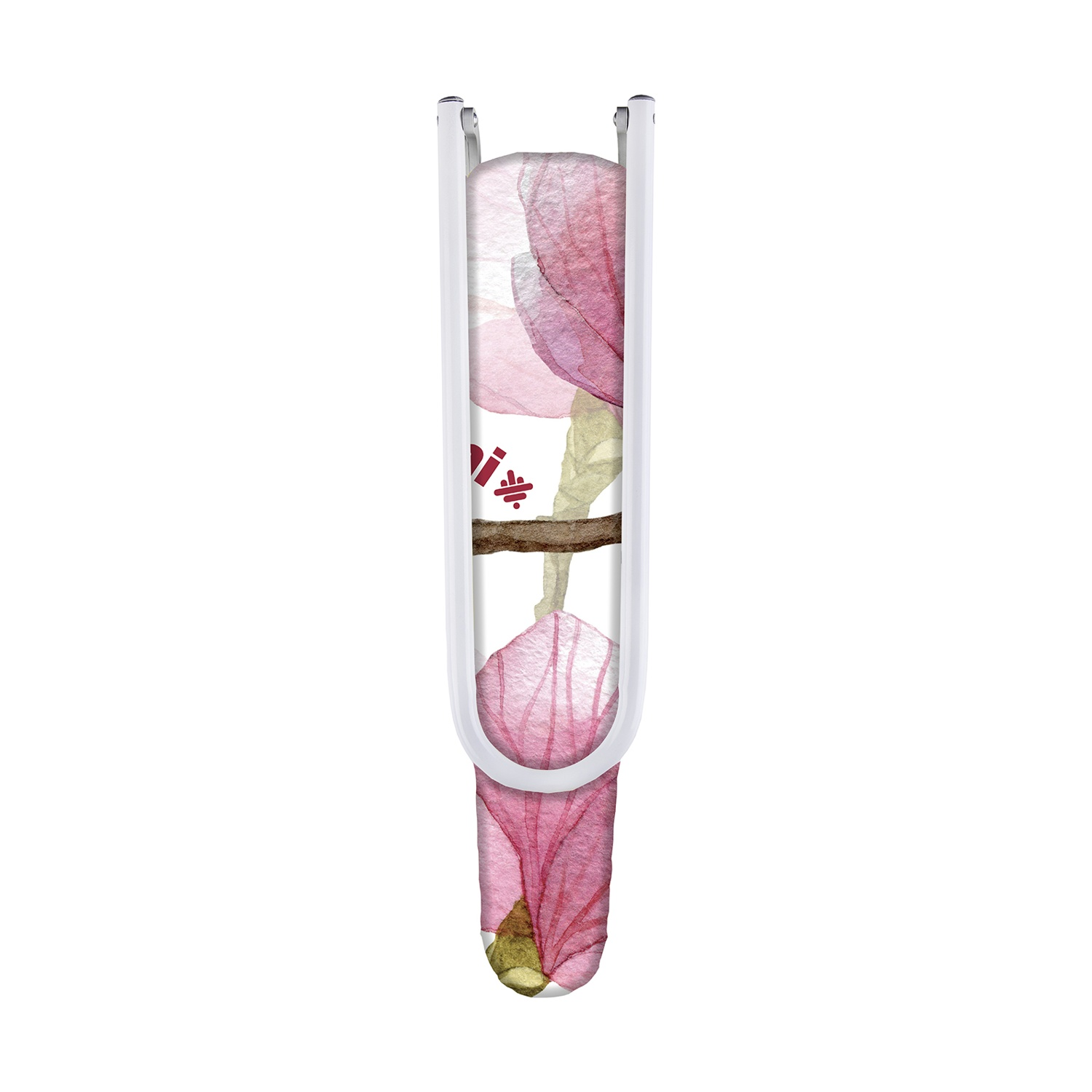 Un segnalibro bianco con un design floreale. All'interno del segnalibro sono visibili fiori rosa e steli verdi.