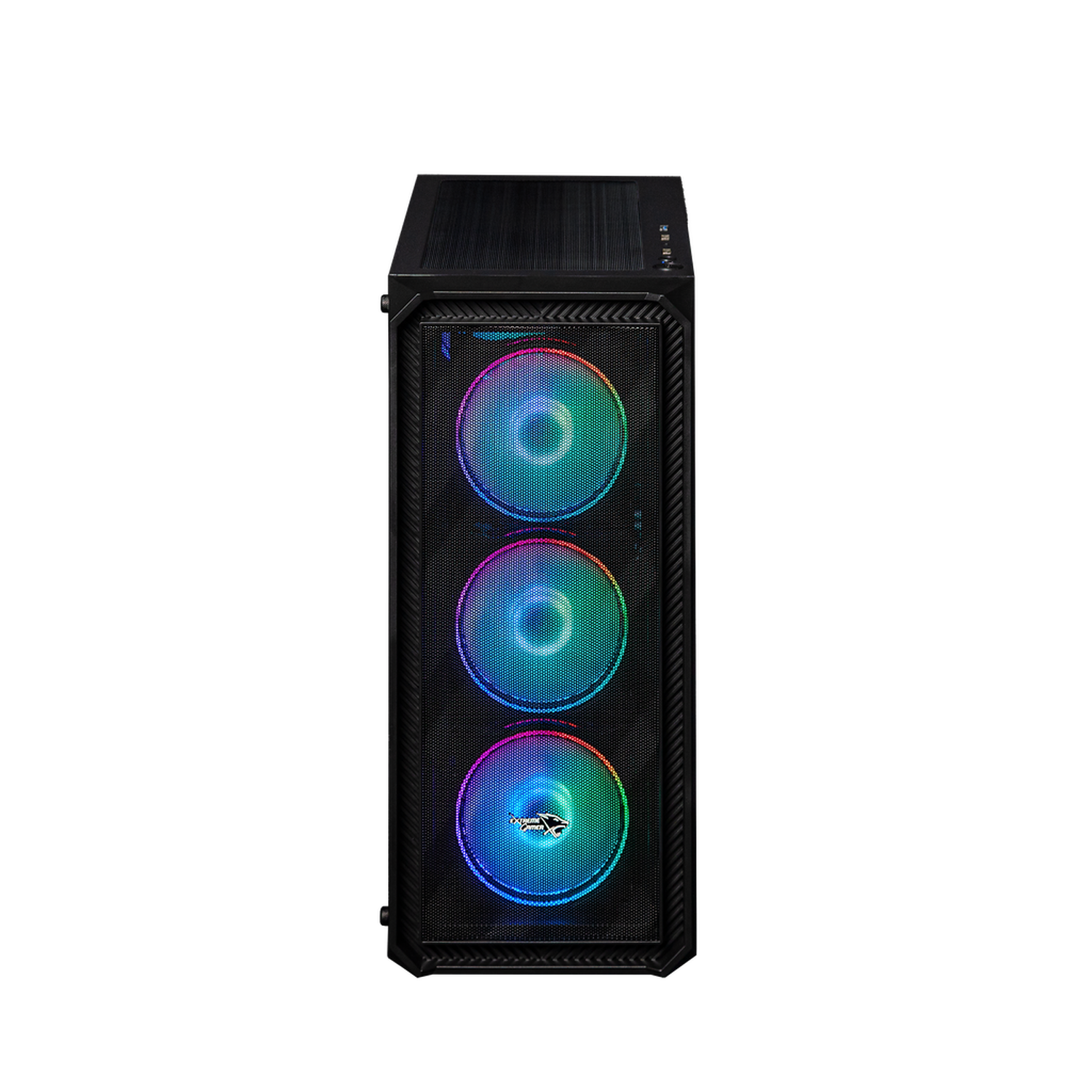 A black computer case with three illuminated fans. The fans display colorful RGB lighting against a black background.