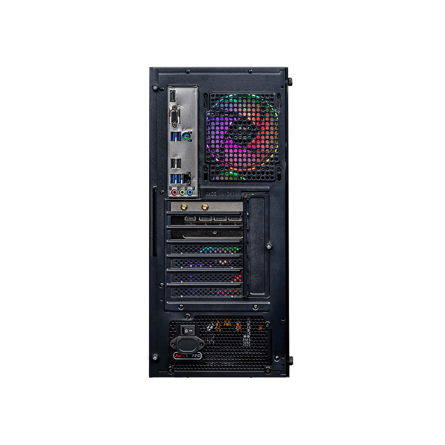 Back of a computer case, showcasing ports, a fan with colorful lights, and the power supply. Black background.