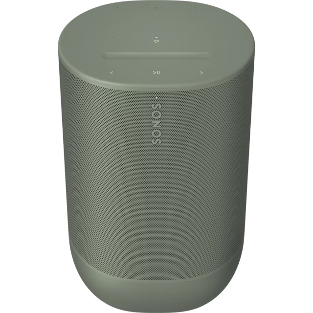 Egy zsályazöld Sonos hangszóró. Hengeres, perforált testtel és vezérlőgombokkal a tetején. A Sonos logó látható.
