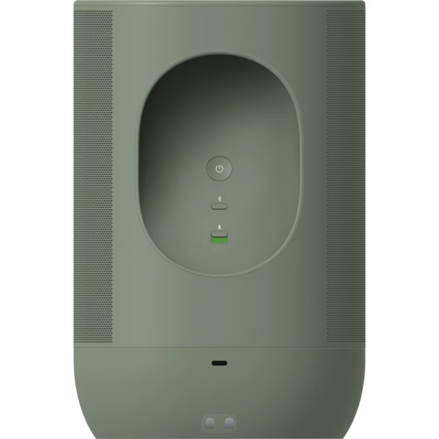 Egy zöld hangszóró ovális bemélyedéssel, bekapcsolás, Bluetooth és mikrofon ikonokkal. A zöld fény jelzi a működést.